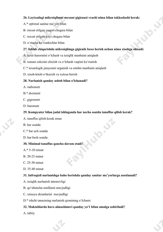 .* 1:1:4 b. 1:1:3 c. 1:2:4 d. 1:3:5 42. ratsional ovqatlanish deb nimaga aytiladi? a.* oqilona ovqatlanish. b. organizimga mos ovqatlanish. c. yoshga mos ovqatlanish. d. parhez ovqatlanish. 43. 18-29 yoshdagilar uchun 1 kunlik go`sht me'yori qancha? a.* 100-150g b. 50-100g c. 200-250g d. 300-350g 44. yetarlicha ovqatlanmaslik bilan bog`liq bo`lgan kasalikni ko`rsating? a.*gipotrofiya b. alimentar semizlik c. alimentar- toksik aleykiya алиментар - токсик алейкия d. gipovitaminozlar 45. dpm bemorlarini ovqatlantirish sifatiga kim javobgar? a.*katta hamshira b.palata shifokori c.bosh shifokor d.oshpaz 46. vitamin c ning manbalarni ko`rsating? a.*sabzavotlar b.mevalar c.don maxsulotlari d.dukkakli o'simliklar 47. ovqatdan zaharlanishning asosiy guruhlarini ayting? a.* mikrobga oid va mikrobga oid bo'lmagan b.mikrobga oid bo'lmagan c.mikstlar d.kimyoviy tabiatli 48. prodromal davr bu… a. *kasallikning dastlabki belgisining kuzatilishi b. kasallik belgilarining avj olishi c. kasallikning dastlabki belgilarining paydo bo’lishi d. kasallik belgilarining so’nishi 49. ko’pgina yuqumli kasalliklarga hos bo’lgan belgilarda biri. a. *haroartning ko’tarilishi b. toshmalar toshishi …