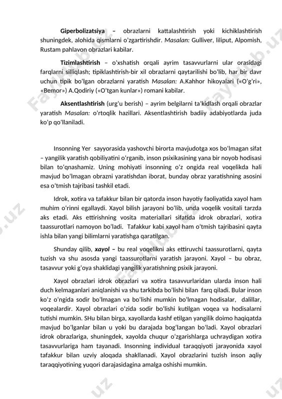 noyob hodisasi bilan to‘qnashamiz. uning mohiyati insonning o‘z ongida real voqelikda hali mavjud bo‘lmagan obrazni yaratishdan iborat, bunday obraz yaratishning asosini esa o‘tmish tajribasi tashkil etadi. idrok, xotira va tafakkur bilan bir qatorda inson hayotiy faoliyatida xayol ham muhim o‘rinni egallaydi. xayol bilish jarayoni bo‘lib, unda voqelik vositali tarzda aks etadi. aks ettirishning vosita materiallari sifatida idrok obrazlari, xotira taassurotlari namoyon bo‘ladi. tafakkur kabi xayol ham o‘tmish tajribasini qayta ishla bilan yangi bilimlarni yaratishga qaratilgan. shunday qilib, xayol – bu real voqelikni aks ettiruvchi taassurotlarni, qayta tuzish va shu asosda yangi taassurotlarni yaratish jarayoni. xayol – bu obraz, tasavvur yoki g‘oya shaklidagi yangilik yaratishning psixik jarayoni. xayol obrazlari idrok obrazlari va xotira tasavvurlaridan ularda inson hali duch kelmaganlari aniqlanishi va shu tarkibda bo‘lishi bilan farq qiladi. bular inson ko‘z o‘ngida sodir bo‘lmagan va bo‘lishi mumkin bo‘lmagan hodisalar, dalillar, voqealardir. xayol obrazlari o‘zida sodir bo‘lishi kutilgan voqea va hodisalarni tutishi mumkin. …