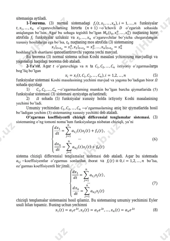 si ychimining mavjudligi va yagonaligi haqidagi teorema deb ataladi. 2-ta’rif. agar o’garuvchiga va ta ixtiyoriy o’zgarmaslarga bog’liq bo’lgan ( ) (5) funksiyalar sistemasi koshi masalasining yechimi mavjud va yagona bo’ladigan biror sohada quyidagi 1) o’zgarmaslarning mumkin bo’lgan barcha qiymatlarida (5) funksiyalar sistemasi (3) sistemani ayniyatga aylantiradi; 2) sohada (5) funksiyalar xususiy holda ixtiyoriy koshi masalasining yechimi bo’ladi. umumiy yechimdan o’zgarmaslarning aniq bir qiymatlarida hosil bo’ladigan yechim (3) sistemaning xususiy yechimi deb ataladi. o’zgarmas koeffisiyentli chiziqli differensial tenglamalar sistemasi. (3) sistemaning o’ng tomoni noma’lum funksiyalarga nisbatan chiziqli, ya’ni { ∑ ( ) ( ) ( ) ∑ ( ) ( ) ( ) ( ) sistema chiziqli differensial tenglamalar sistemasi deb ataladi. agar bu sistemada koeffisiyentlar o’zgarmas sonlardan iborat va ( ) bo’lsa, oz’garmas koeffisiyentli bir jinsli { ∑ ( ) ∑ ( ) ( ) chiziqli tenglamalar sistemasini hosil qilamiz. bu sistemaning umumiy yechimini eyler usuli bilan topamiz. buning uchun …