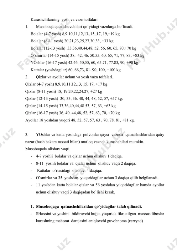 monidan tasdiqlangan. yuqoridagi shartlar va talablarning bajarilishi uchun jamoa rahbarlari javobgardir. 2. bosh hakam ruxsat bilan yosh kurashchilarning (16-17 yoshli( katta yoshdagi polvonlar orasidagi musoboqalarda ham qatnashishi mumkin. 3. musoboqada bir vaznda kurashgan polvonlar ikkinchi vaznda qatnashishi plan etiladi, lekin ular mutloq vazn (bosh hakam ruxsati bilan) kurashishlari mumkin. qatnashchilarni majburiyati. musoboqa qatnashchilari qo`yidagilarga amal qilishlari lozim. a) musoboqa boshlanishidan oldin bir-biriga ta`zim qilib salomlashishi b) kurash qoidasiga, musoboqa qonun qoidaoraiga qatiy rioya qilish. v) hakamning topshiriqlariga buysunish. g) musoboqa davomida o`zini tuta bilish. d) qatnashuvchi hakamlar tomonidan chaqirilganda tezda chaqirilgan joyga borish. kurashning umumiy qoidalari. · kurashda tik holatda va qoidada ruxsat berilgan usullar qo`llash orqali kurashiladi. tik holatda bajariladigan tashlashlar hakamlar tarafidan baholanadi. · baholar teng bo`lganda oxirgi baho olgan kurashchiga g`alaba beriladi. · kurashchining baho va jazosi keng bo`lsa, baho ustunlikka ega bo`ladi. · olishuv davomida kurashchilar tomonidan hech qanday usul qo`llanmasa vaqtning yarmiga kelib o`rtadagi hakam …