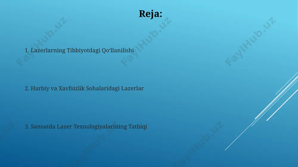 aniqlash mumkin. lazerlarning ta'limdagi qo'llanilishi toshkentdagi maktablarning 50% dan ko'prog'ida interfaol taxtalarga o'rnatilgan lazerli ko'rsatkichlar darslarni yanada jonli va tushunarli qilib, o'quv jarayonini 20% ga tezlashtiradi. samarqanddagi oliy o'quv yurtlarida 10 dan ortiq fizika laboratoriyalarida laserli interferometriya usuli bilan materiallarni aniq o'lchash bo'yicha tajribalar o'tkaziladi, bu o'quvchilarning amaliy ko'nikmalarini oshiradi. lazer skanerlash texnologiyalari лазерли сканерлаш технологиялари 3d-моделлаштиришда, масалан, 1000 дан ортиқ нуқтани бир сонияда сканерлаб, ҳажмли объектларни юқори аниқликда қайта яратиш учун тошкентдаги архитектура фирмалари томонидан кенг қўлланилади. автомобилсозликдаги лазерли сканерлар, 20 микронгача аниқликда ўлчовлар олиб, германияда ишлаб чиқарилган машиналардаги юза дефектларини аниқлашда самарали бўлиб, ишлаб чиқариш самарадорлигини оширади. muhandislikda lazerlarning qo'llanilishi andijon viloyatidagi metall konstruksiyalar ishlab chiqarishda lazerli payvandlash jarayonlari 30% ga energiya tejash imkonini berib, ish sifati va tezligini oshirdi. oʻzbekistonning samarqand shahridagi avtomobil ishlab chiqarish zavodlarida lazerli kesish texnologiyalari yordamida 1000 dan ortiq avtomobil qismlari aniqlik bilan kesiladi va ishlab chiqariladi. yuqori aniqlikdagi o'lchovlar tibbiyotda, lazerli skanerlash …