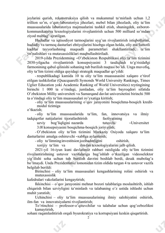 ‘lim bilan qamrovini kengaytirish masalasiga jiddiy e‘tibor qaratilmoqda. sо’nggi 5 yil mobaynida oliy ta‘lim muassasalariga qabul parametrlari 3 barobar oshirildi va 171 ming nafar yosh yangi о’quv yilida talaba bо’lish imkoniyatiga ega bо’ladi. bugungi kunda aholining oliy ta‘lim bilan umumiy qamrovi 28 foizga yetdi, 2016-yilda esa atigi 9 foizni tashkil etgan. shu bilan birga, 2030-yilga borib hududlardagi davlat va nodavlat oliy ta‘lim muassasalari faoliyatini tashkil etish asosida oliy ta‘lim bilan qamrov darajasini 50 foizdan oshirish vazifasi qо’yilgan. umuman olganda, о’tgan 4 yil mobaynida oliy ta‘lim tizimini takomillashtirish chora- tadbirlarini amalga oshirish uchun 1,7 trillion sо’mdan ortiq, jumladan, о’quv-laboratoriya binolarini, sport zallari va talabalar turar joylarini qurish, rekonstruksiya qilish va mukammal ta‘mirlash uchun 1,2 trillion sо’m, о’quv-laboratoriya jihozlari, mebel bilan jihozlash, oliy ta‘lim muassasalarida laboratoriya majmualarini tashkil etish, shuningdek, axborot-kommunikatsiya texnologiyalarini rivojlantirish uchun 500 milliard sо’mdan ziyod mablag’ ajratilgan. hududlar va iqtisodiyot tarmoqlarini uyg’un rivojlantirish istiqbollarini, hududiy va tarmoq dasturlari ehtiyojlarini …