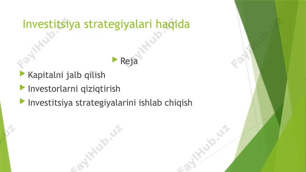 mablag‘ jalb qilishda eng asosiysi – investorni kiritilgan pul vositalari unga daromad keltirishiga ishontira olish. 1-qadam bu yerda asosiy gap biznes-rejada. investorlar birinchi navbatda shunga e'tibor qaratishadi. u har tomonlama o‘ylab tuzilgan bo‘lishi, imkon qadar ko‘proq ma'lumotni o‘zida jamlashi kerak. bular: loyiha tavsifi; talab qilinayotgan summaga doir hisob-kitob; sarmoyachi qo‘lga kirituvchi daromad tahlili; kiritilgan mablag‘ning qoplanish muddati; ish rivoji istiqbollari. 2-qadam investorga ma'qul keluvchi hamkorlik shaklini to‘g‘ri tanlash juda muhim. bu shakl biznes-rejada ko‘rsatilgan bo‘lishi kerak. investor kiritilgan mablag‘dan qanday qilib daromad olishiga doir jami uch asosiy usul mavjud: kiritilgan summadan foizlarni chiqarish; kompaniya daromadi foizi; biznesdagi ulush. 3-qadam muzokaralar. ularning muvaffaqiyatiga ko‘p narsa bog‘liq. ularga yaxshi tayyorgarlik ko‘rish juda muhim. o‘z g‘oyangizning sifatli taqdimotini tayyorlang. investorlarda yuzaga kelishi mumkin bo‘lgan barcha ehtimoliy savollarga tayyor turing. loyihaning hatto eng mayda detali ham shubha tug‘dirmasin. agar siz professionalga biznes-reja buyurtma qilgan bo‘lsangiz, muzokaralarga uni maslahatchi sifatida olgan yaxshi. u sizga eng …