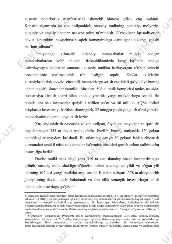i yaratish majburiyatini olganini qayd etish lozim. xususiylashtirish dasturida ko’zda tutilgan, foydalanilmayotgan va qurilishi tugallanmagan 353 ta davlat mulki obekti buzilib, buning natijasida 120 gektar hajmidagi er maydoni bo’shadi. bu erlarning qariyb 80 gektari ishlab chiqarish korxonalari tashkil etish va xizmatlar ko’rsatish obektlari qurish uchun tadbirkorlar tasarrufiga berildi. davlat mulki shaklidagi yana 319 ta ana shunday obekt inventarizatsiya qilinib, xususiy mulk shakliga o’tkazish uchun savdoga qo’yildi va o’tgan yili ularning 102 tasi yangi mulkdorlarga sotildi. bundan tashqari, 378 ta aksiyadorlik jamiyatining davlat ulushi baholandi va chet ellik strategik investorlarga sotish uchun ochiq savdoga qo’yildi”[footnoteref:2]. [2: o’zbekiston respublikasi prezidenti islom karimovning mamlakatimizni 2015-yilda ijtimoiy-iqtisodiy rivojlantirish yakunlari va 2016 yilga mo’ljallangan iqtisodiy dasturning eng muhim ustuvor yo’nalishlariga bag’ishlangan “bosh maqsadimiz - mavjud qiyinchiliklarga qaramasdan, olib borayotgan islohotlarni, iqtisodiyotimizda tarkibiy o’zgarishlarni izchil davom ettirish, xususiy mulkchilik, kichik biznes va tadbirkorlikka yanada keng yo’l ochib berish hisobidan oldinga yurishdir” vazirlar mahkamasining majlisidagi ma’ruzasi. - …