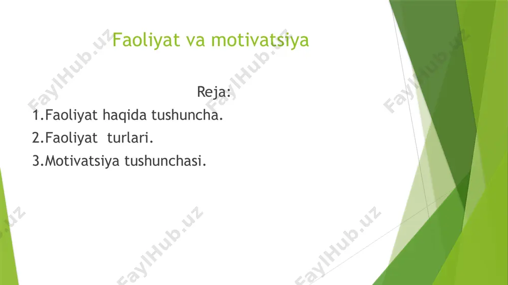 hsulotlar hisoblanadi. faoliyat turlari inson faoliyati asosan uch turga bo`linadi. ulardan birinchisi o`yin faoliyati, ikkinchisi ta`lim faoliyati va uchinchisi mehnat faoliyatidir. bu faoliyat turlari bola shaxsining tarkib topishida hal qiluvchi rol’ uynaydi. o`yin. bola bir yoshga to`lgandan boshlaboq unda faoliyatning eng sodda shakllarini egallash uchun shart - sharoitlar yuzaga kela boshlaydi. unday shart - sharoitlardan birinchisi o`yindir. o`yin faoliyatini hayvonlarning bolalarida ham uchratish mumkin. hayvonlarning yosh bolalarida kuzatiladigan o`yin faoliyatiga har xil narsalar bilan shug`ullanish, yolg`ondakam urushishlar, yugurishni va shu kabilarni kiritish mumkin. ta`lim faoliyati bu faoliyatning maqsadi ma`lum axborotlarni - bilimlarni harakatlar va amallarni o`zlashtirishdan iboratdir. odamning o`z maqsadiga ko`ra batamom o`rganish va o`zlashtirishdan iborat bo`lgan mana shunday maxsus faoliyati ta`lim faoliyati deyiladi. psixologik jihatdan olganda, ta`lim faoliyati o`z ichiga quyidagi jarayonlarni oladi: ma`lum bir nazariy va amaliy faoliyat to`rini muvaffaqiyatli amalga oshirish uchun ob`ektiv olamning eng muhim xususiyatlariga doir axborotlarni o`zlashtirish, bu jarayonning mahsuloti bilimlardir. mana shu faoliyatni, …