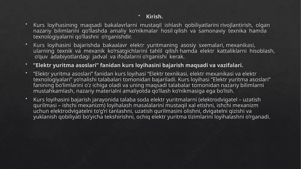 hadi deb qabul qilamiz: z =4 λ = z + 1√1 / ṙdv·i̇2 = bu yerda i̇2 = 0,88 a o’tish toki, u 20% gacha i̇ct tokdan katta olinadi. mustaqil(paralel) qo’zg’atishli o’zgarmas tor dvigatelini ishga tushirish xarakteristikalari. mustaqil qo’zg’atizli o’tdni tabiy va suniy mexanik xarakteristikasi elektr yuritmani reostatli ishga tushirishdagi o’tkinchi jarayonlarni hisoblash. bu tenglamalarni echimi o’tkinchi jarayondagi tezlik, tok va momrnt tenglamalarini beradi: =754 rad/sek =88,08 n*m bu erda,- tezlik, tok va momentni turg’un qiymatlari; - tezlik, tok va momentni boshlangich qiymatlari; t – o’tkinchi jarayon vaqti; tm - o’tkinchi jarayonning vaqtining doyimiysi. t,sek 0,375 0,75 1,5 3 m,nm 491 582 685 754 ,rad\sek 55 65,7 78 88,08 elektr yuritmani reostatli ishga tushirishdagi o’tkinchi jarayon grafiklari. elektr yuritmasi ishga tushirishdagi o’tkichi jarayon grafigi xulosa men bu kurs loyihasini bajarish jarayonida sodda elektr yuritmalarni (elektrodvigatel – uzatish qurilmasi – ishchi mexanizm) loyihalash masalalarini mustaqil xal etishni, ishchi mexanizm uchun elektrodvigatelni …