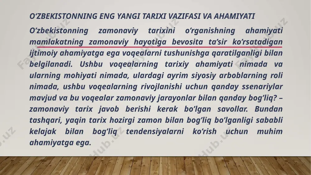 o’llashadi. o’zbekistonning eng yangi tarixini o’qitishning metod va yo’nalishlari tarixiylik prinsipi. ushbu prinsipga ko’ra, tarixiy voqealar va jarayonlar ushbu voqealar va jarayonlar qanday paydo bo’lganligi, qanday rivojlanganligi va ular nimaga olib kelganligi nuqtai nazaridan qat’iy aniq tarixiy kontekstda ko’rib chiqilishi kerak. tarixiyizmning uslubiy prinsip sifatida talabi davrda paydo bo’ladi va rivojlanadi. o’rta asrlar teleologizmiga qarshi bo’lgan ma’rifat (viko, volter, russo, diderot), keyin nemis klassik falsafasida (hegel, marks), hayot falsafasida (diltey) va falsafiy va tarixiy fikrning boshqa sohalarida. zamonaviy talqinda tarixshunoslik prinsipi tarixshunoslik va jurnalistikada juda kamdan-kam uchraydigan hodisaga qarshi qaratilgan, bunda mualliflar dunyoqarash g’oyalarini, xulq-atvor stereotiplarini va o’z davrlarining axloqiy me’yorlarini tarixdagi voqealarni baholashda, unutish yoki ataylab e’tiborsiz qoldirishda qo’llashadi. o’zbekistonning eng yangi tarixini o’qitishning metod va yo’nalishlari jahon tarixi va o’zbekistonning eng yangi tarixi davomida tarix fanining boshqa ilmiy fanlar (geografiya, falsafa, iqtisodiy va huquqiy fanlar, tilshunoslik va boshqalar) bilan o’zaro bog’liqligi faktlari bir necha bor tilga olingan. bu …