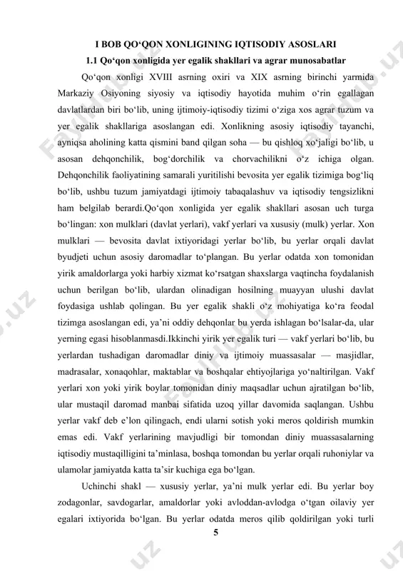 at konsentratsiyasini kuchaytirgan, kambag‘al dehqonlar esa yerdan ajralib, iqtisodiy jihatdan to‘la qaram bo‘lib qolgan.qo‘qon xonligida agrar munosabatlar o‘ziga xos feodal xususiyatga ega edi. dehqonlar ishlab chiqaruvchilarning asosiy qismini tashkil etar, biroq ular yer egalariga soliq yoki natura tarzida haq to‘lab turishgan. bu soliq turlari asosan “ushr” (hosilning o‘ndan bir qismi) va “baj” (tovar yoki xizmat solig‘i) ko‘rinishida olinardi. ba’zi hollarda esa dehqonlar yer egalari bilan yarmi-yarmiga (yarimchilik) asosida ishlashgan — bu holatda ular hosilning yarmidan ko‘pini yer egasiga topshirishga majbur bo‘lganlar. yer egalari esa o‘z navbatida bu hosildan bir qismini davlatga topshirishgan.qo‘qon xonligining yer egalik tizimi va agrar tuzumi jamiyatda iqtisodiy va ijtimoiy tabaqalanishni kuchaytirgan. yirik yer egalari va amaldorlar iqtisodiy kuchga ega bo‘lgan, aksincha, dehqonlar va kambag‘allar esa ularning iqtisodiy hukmronligiga bo‘ysungan. natijada, qo‘qon xonligida yer — nafaqat asosiy ishlab chiqarish vositasi, balki ijtimoiy mavqening ham asosiy belgisi bo‘lib xizmat qilgan.umuman olganda, qo‘qon xonligidagi yer egalik shakllari va agrar …