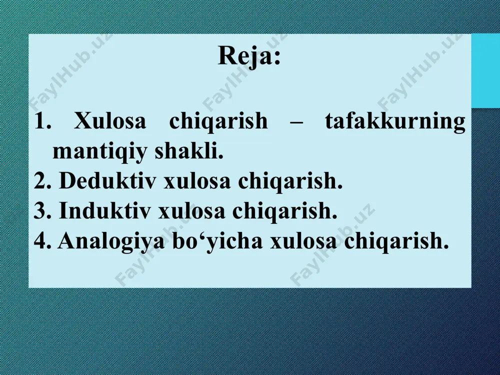 ermin; r – katta termin. o‘rta termin katta va kichik terminni bog‘lovchi mantiqiy element hisoblanadi. sillogizm aksiomasi aksiomalar isbotsiz chin deb qabul qilingan nazariy mulohazalar bo‘lib, ular vositasida boshqa fikr va mulohazalar asoslab beriladi. sillogizmning aksiomasi xulosalashning mantiqiy asoslanganligini ifodalaydi. sillogizm aksiomasini terminlarning hajmiga yoki mazmuniga ko‘ra, yaʼni atributiv taʼriflash mumkin. sillogizm keltirib xulosasining chiqarilishi asoslardan quyidagi zaruriy qoidaga asoslanadi: «agar bir buyum ikkinchi buyumda joylashgan bo‘lsa, ikkinchi buyum esa uchinchi bir buyumning ichida bo‘lsa, unda birinchi buyum ham uchinchi buyumning ichida joylashgan bo‘ladi» yoki «bir buyum ikkinchi buyumda joylashgan bo‘lsa, ikkinchi buyum esa uchinchi bir buyumdan tashqarida bo‘lsa, unda birinchi buyum ham uchinchi buyumdan tashqarida joylashgan bo‘ladi». bu qoidani quyidagi shakllar yordamida yaqqol ifodalash mumkin. p m s p m s yoki bu qoida sillogizm aksiomasining mohiyatini terminlarning hajmi munosabatlari asosida tushuntirib beradi. sillogizm aksiomaning mohiyati quyidagicha: buyum va hodisalarning sinfi to‘g‘risida tasdiqlab yoki inkor etib bayon qilingan fikr …
