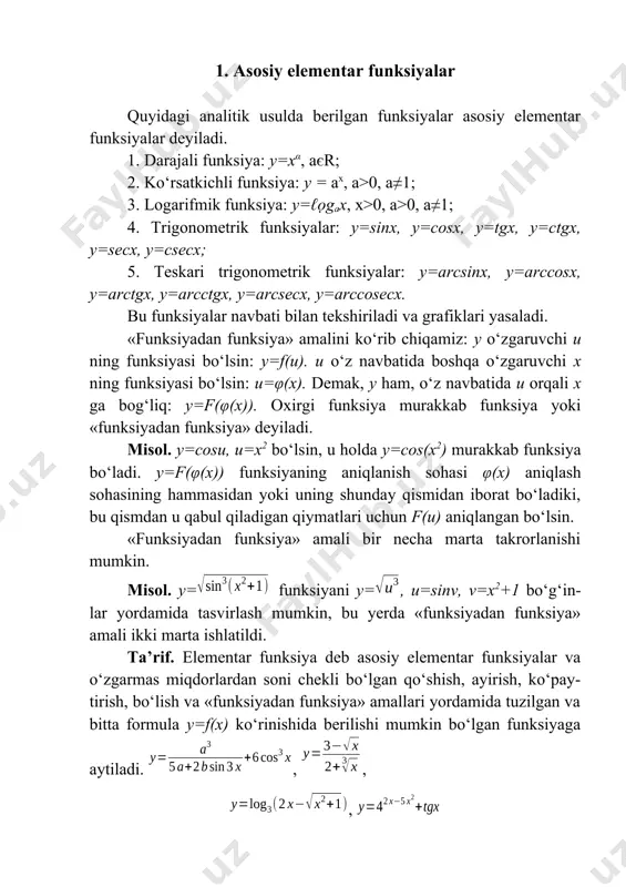 ntar funksiyani yozing. 256. , bo‘lsa, elementar funksiyani yozing. 257. , funksiya elementar funksiya bo‘ladimi? 258. funksiya elementar funksiya bo‘ladimi? 259. quyidagi funksiyalarni elementar funksiya zanjiri bo‘g‘inlari ko‘rinishida yozing. 1) , 2) , 3) , 4. 260 bo‘lsa, ni toping. 261. bo‘lsa , ni toping. javoblar: 254. 3., 256. , 258. yo‘q 2. ax+by+c=0 chiziqli funksiyaning geometrik ma’nosi ta’rif: , chiziqli funksiya yoki to‘g‘ri proporsional bog‘lanish deyiladi. bu funksiya uchun , , bo‘-lib, grafigi to‘g‘ri chiziqdan iborat ekanligini ko‘rsatamiz. to‘g‘ri chiziq grafigini yasash uchun uning ikkita nuqtasini bilish yetarli. 1-misol. ning grafigini yasaymiz. bu yerda deb , ya’ni nuqtani deb , ya’ni nuqtani topamiz. bu nuqtalarni koordinatalar tekisligida belgilaymiz va ularni to‘g‘ri chiziq bo‘yicha tutashtirib, funksiyaning grafigini topamiz (18-rasm). y a 2 x 0 1 18-rasm. shunga o‘xshash, funksiya grafigi nuqtadan o‘tishini ko‘rish mumkin. demak, funksiyada bo‘lsa, to‘g‘ri chiziq koordinatalar boshidan o‘tadi. 2-misol. grafigini yasaymiz. bu yerda desak bo‘ladi, nuqtani …