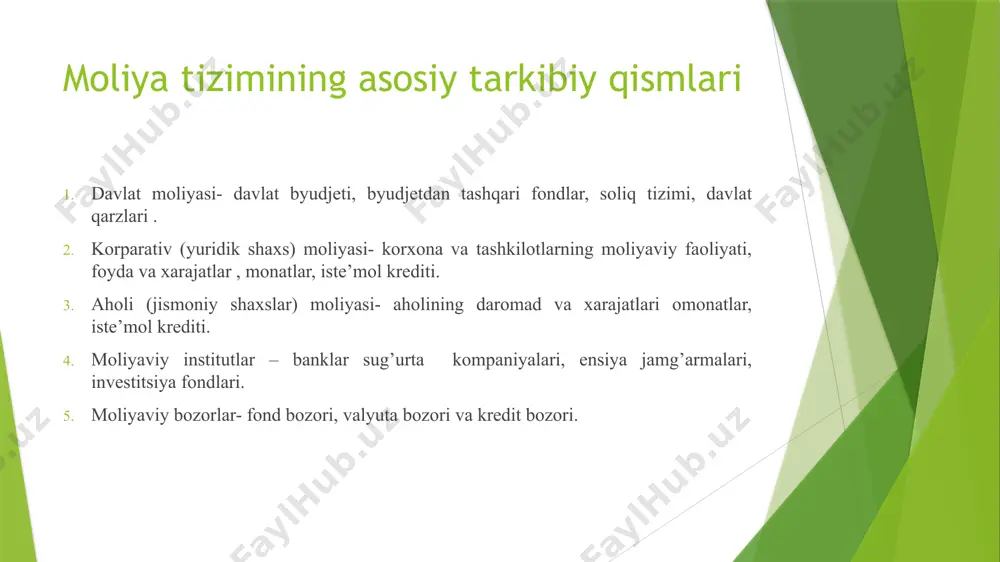 sifatida ham ishlatiladi. moliya tizimining barcha bo’g’inlari o’z navbatida ichki moliyaviy munosabatlar tarkibidan kelib chiqib quyi bo’g’inlarga bo’linadi. moliya tizimining alohida sohlar va bo’g’inlarga bo’linishi ya im ni shakillantirish taqsimlash va qayta taqsimlashda, daromadlarni shakllantirish va ulardan foydalanishda iqtisodiy munosabatlar subyektlarining bir-biridan farqli ravishda ishtirok etishi bilan belgilanadi. moliya tizimining har bir sohasi va bo’g’iniga pul fondlari daromadlarini shakllantirish o’ziga xos shakllari va metodlari tegishlidir. masalan korxonalar moliyasi moddiy ishlab chiqarishga ya im ni yaratishga uni korxonalar o’rtasida taqsimlashga va yaim bir qismining byudjeti va byudjetdan tashqari jamg’arma fondlariga qayta taqsimlash xizmat qiladi. davlat byudjeti orqali resurlar davlatning markazlashtirilgan fondiga jalb qilinadi va ular iqtisodiy mintaqalar, tarmoqlar va aholining ijtimoiy guruhlari o’rtasida qayta taqsimlanadi. yuqoridagi moliya tizimi bo’yicha keltirilgan ta’riflarda mantiqiy yaxlitlik mavjud bo’lib, ijtimoiy mahsulot qiymatini taqsimlash jarayonida hosil bo’ladigan pul mablag’lari fondlarini shakllantirish va ulardan foydalanish jarayoni moliya tizimining markaziy mazmunini tashkil qilishi ta’kidlanadi. demak, moliya tizimi-moliyaviy munosabatlarining …
