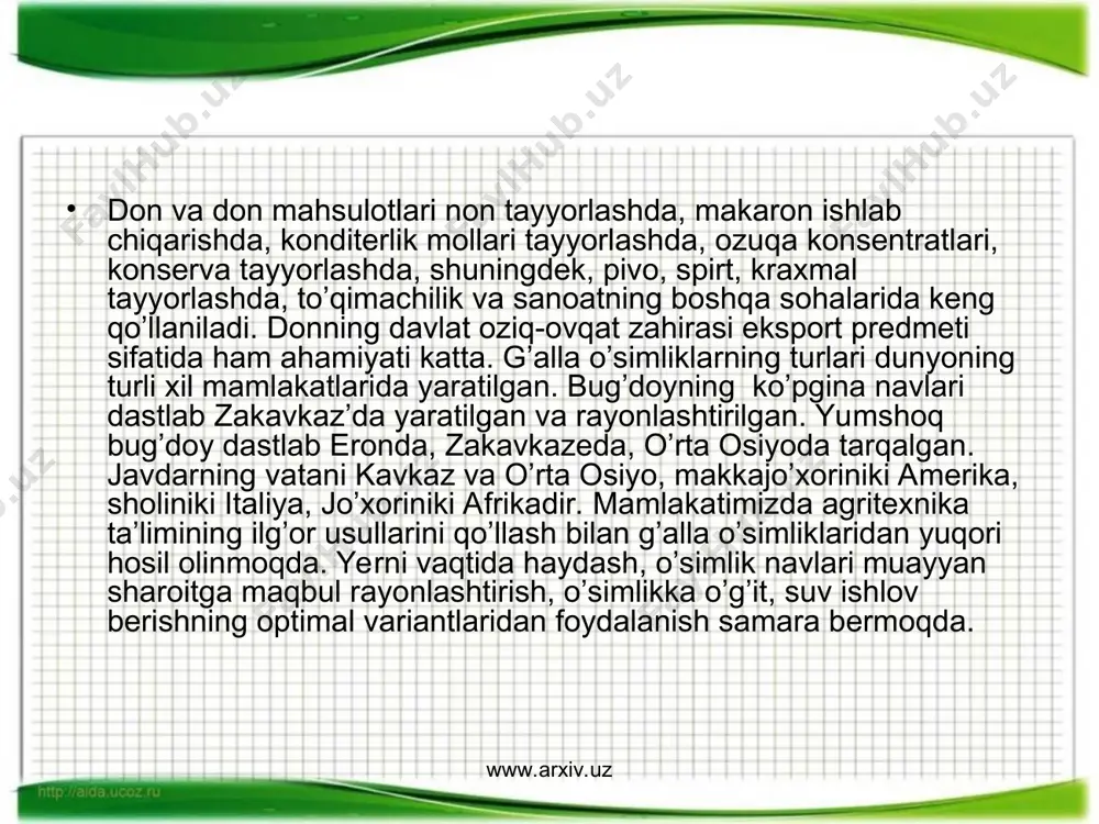 sadlar uchun ishlatiladi. www.arxiv.uz www.arxiv.uz www.arxiv.uz www.arxiv.uz paxta tolasining o’ziga xos xususiyati boshqa tabiiy va sun’iy tolalarda uchramaydi. paxta tolasidan xilma-xi gazlamalar, ip, arqon, baliq ovlaydigan tur, tasma, transportyor lentlari rezina shlanga, hamda balonlar uchun maxsus to’qimalar va boshqalar tayyorlanadi. jumladan, bir tonna paxtada 340-350 kg tola, 50-60 kg momiq va 600 kg chigit olinadi. bir tonna chigitdan esa 170 kg moy, 400 kg kunjara, 50-60 kg momiq, 60 kg o’simlik oqsili, 300 kg sheluxa olinadi. bundan tashqari undan margarine, kir sovun va atir sovunlar, alif moyi tayyorlashda foydalaniladi. hozirgi vaqtda chigit tarkibidagi moy ximiyaviy usulda to’liq ajratib olinmoqda. bu esa chigitdan chiqadigan moy miqdorini oshirish imkonini bermoqda. o’zbekistonda har yili taxminan 500 ming tonna paxta moyi tayyorlanmoqda. www.arxiv.uz www.arxiv.uz www.arxiv.uz www.arxiv.uz ma’lumki, chigit mag’zi tarkibida gossinol degan zaharli modda bo’lib, buni yog’ zavodlarida ajratib olinadi. bundan ko’pchilik sanoatda shuningdek kimyo sanoatida polimerlar tayyorlashda, meditsinada dorivorlar ishlab chiqishda qo’llaniladi. chigitning …