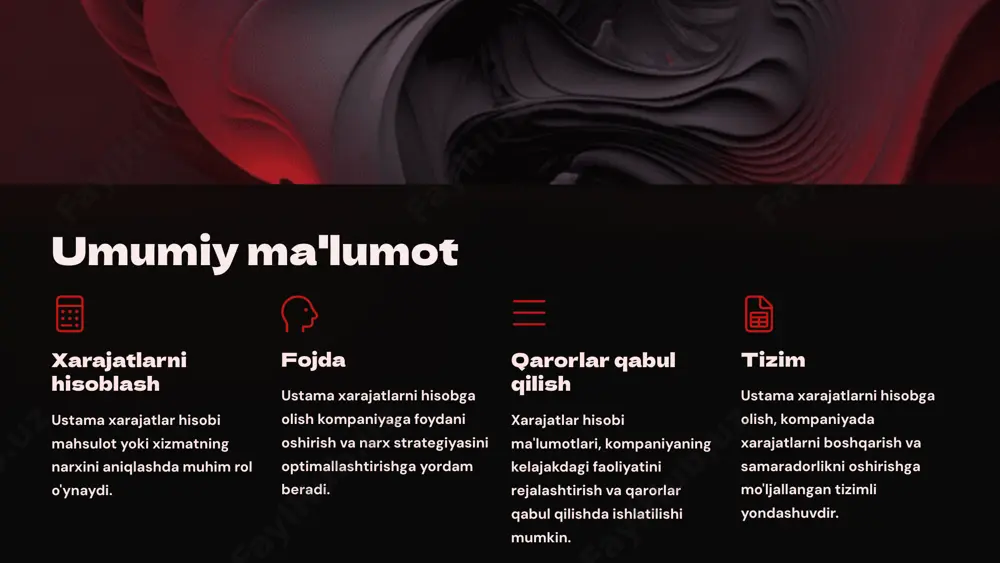 i. funksional taqsimlash bu usulda ustama xarajatlar funktsional bo'linmalar (masalan, ishlab chiqarish, marketing, boshqaruv) orasida taqsimlanadi. xarajatlarni taqsimlash asoslari mahsulotga xarajatlar ushbu usulda har bir mahsulotga to'g'ridan-to'g'ri xarajatlar bilan birga ishlab chiqarish xarajatlarining bir qismi taqsimlanadi. vaqt birligiga xarajatlar bu usulda xarajatlar ishlab chiqarish vaqti birligiga (soat, kun, hafta) taqsimlanadi. bu ishlab chiqarishning xarajatlarini aniqlashga imkon beradi. ishlab chiqarish hajmi asosida ushbu usulda xarajatlar ishlab chiqarish hajmi (birlik, partiya, tonna) bo'yicha taqsimlanadi. bu ishlab chiqarish hajmi bilan xarajatlar o'rtasidagi bog'liqlikni aniqlashga yordam beradi. boshqa asoslar xarajatlarni taqsimlashning boshqa asoslari ham mavjud, masalan, foydalanilgan resurslar (xom ashyo, ishchi kuchi, energiya) miqdori. to'g'ridan-to'g'ri xarajatlar mahsulot ishlab chiqarish bilan bog'liq xarajatlar masalan, xom ashyo, ish haqi, ishlab chiqarish uskunalarining amortizatsiyasi. sotish bilan bog'liq xarajatlar masalan, sotish xodimlari ish haqi, marketing xarajatlari, reklama va yetkazib berish xarajatlari. xizmat ko'rsatish bilan bog'liq xarajatlar masalan, xizmat ko'rsatish xodimlari ish haqi, materiallar va uskunalar. ustama xarajatlar ta'rif …