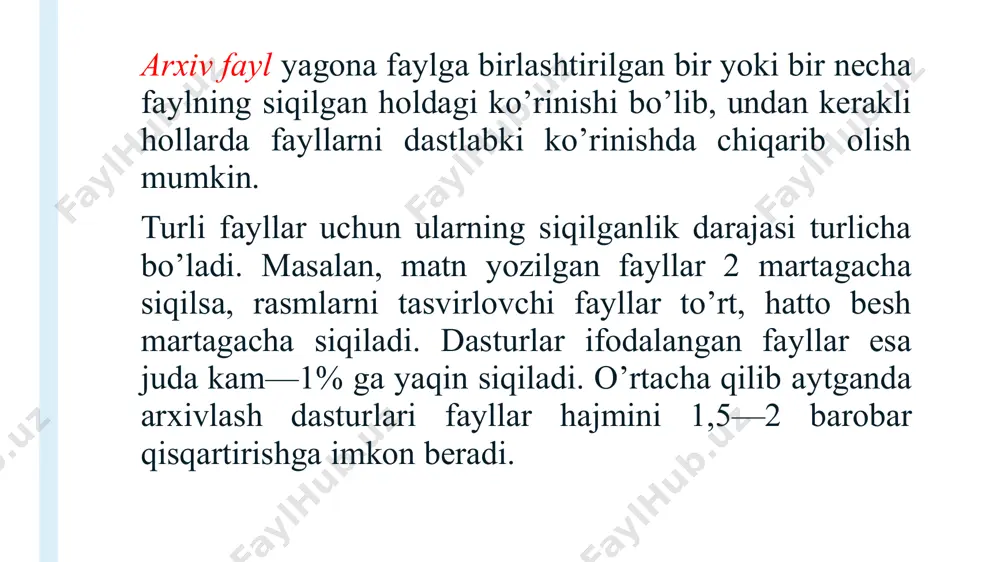 i dasturiy vositalardir. bunday vositalar o’zlarining ishlash usullariga va imkoniyatlariga ko’ra quyidagi guruhlarga bo’linadi: detektor-dasturlar va doktor-dasturlar. ular virus bilan zararlangan fayllarni izlab topadi hamda ularni viruslardan imkoni boricha tozalab, davolashga harakat qiladi. scan, aidstest, norton antivirus, avsp, avp va hozirgi paytda eng ko’p tarqalgan drweb dasturlari misol bo’la oladi; revizor-dasturlar va doktor-revizorlar. ular fayllarning dastlabgi holatlari to’g`risidagi ma`lumotlarni (hajmi, ishlash vaqti, diskdagi joylashgan o’rni va h.k.) eslab qolishadi, so’ngra esa tekshirish vaqtida shu ma`lumotlarni dastlabkilari bilan taqqoslab ko’rishadi. agar ular bir-biridan farq qilsa, shu fayl zararlangan deb hisoblaydi va viruslarni aniqlash va faylni davolash faoliyatini boshlaydi. bunday vositalarga adinf, adinf+ adinfext dasturlar misol bo’la oladi; filtr-dasturlar. ular kompyuterning tezkor xotirasiga avtomatik ravishda yuklanib, kompyuterning ishlashi davomida shu xotirada qoladi, hamda xotiraga chaqirilayotgan har bir dasturni o’zining usullari yordamida viruslardan zararlangan yoki zararlanmaganligini uzluksiz ravishda tekshirib boradi. bunday vositalarga flushot plus dasturi misol bo’la oladi; dastur-vaksinalar yoki immutizatorlar. ular diskni …