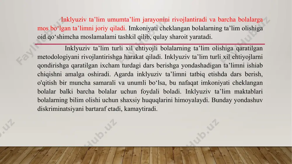 ruvchi o‘qituvchi va oddiy sinf o‘qituvchisining hamjihatlikdagi harakatlari orqali amalga oshirilishi mumkin. ba’zi sinflarda bolani ma’lum bir vaqtga sinfdan ajratib olish kerak bo‘lishi mumkin. hamma vaqt resurs o‘qituvchi sinf o‘qituvchisi bilan birgalikda faoliyat ko‘rsatishi va maxsus ta’lim sohasida mutaxassislikka ega bo‘lishi talab qilinadi. maktablararo qatnab yuruvchi resurs pedagog nogiron bolalarni ular uchun zarur bo‘lgan qo‘llanmalar, jihozlar bilan ta’minlaydi, homiylar topadi, imkoniyati cheklangan bolalar, sog‘lom bolalar hamda sinf o‘qituvchisi o‘rtasidagi mustahkam aloqani o‘rnatadi.ota-onalar, bolalar, oddiy sinf o‘qituvchilari va maktab ma’muriyatiga maslahatlar beradi. resurs o‘qituvchi faoliyatidan ko‘zlangan asosiy maqsad: umumta’lim muassasalarida ta’lim olayotgan maxsus ta’limga muhtoj o‘quvchilar va ulaming o‘qituvchilariga yordam ko‘rsatishdan iborat. nazorat savollari: 1.inklyuziv ta’limda deganda nimani tushinasiz? 2. inklyuziv ta’limning asosiy mohiyati nimadan iborat? 3. inklyuziv ta’lim qanday vazifalarni hal etishga yordamlashada? 4. inklyuziv ta’lim madaniyati tushunchasini izohlang. 5. inklyuziv ta’limning vazifalarini aytib bering. 6. inklyuziv ta’iimda resurs pedagogning rolini tushuntirib bering. image2.png image3.png image4.png image5.png image6.png image7.png image8.png …