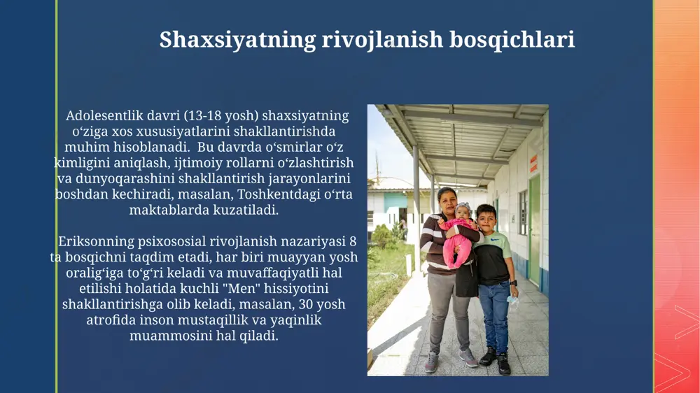 ish va ijtimoiylikni ko'rsatadi, masalan, amerika psixologiya assotsiatsiyasi tomonidan ishlab chiqilgan testlarda. neyrotizmning yuqori darajasi, stressga bog'liq kasalliklarga moyillikni ko'rsatadi, bu esa butun dunyo bo'ylab, xususan, yaponiya va aqsh kabi rivojlangan mamlakatlarda sog'liqni saqlash tizimiga katta yuk qo'yadi. psixodinamik yondashuv psixodinamik terapiya, jungning arxetiplar va kollektsion ong tushunchalaridan foydalanib, buyuk britaniyada keng qo'llaniladigan va samarali davolash usullaridan biri hisoblanadi. o'zbekistondagi psixologik tadqiqotlar, psixodinamik yondashuvning 20% dan ortiq hollarda depressiya va xavotir buzilishlari bilan bog'liqligini ko'rsatmoqda. shaxsiyatning diagnostikasi shaxsiyatning diagnostikasi uchun 5-10 yoshgacha bo'lgan bolalarga moslashtirilgan proyektiv testlar, masalan, rorschach testi yoki tat, samarali vositalar hisoblanadi, chunki ular bolaning ong osti jarayonlarini ochib beradi. toshkent shahridagi psixologiya markazlari shaxsiyat diagnostikasi uchun 16pf yoki mmpi kabi standartlashtirilgan psixometrik testlardan foydalanadilar, bu testlar shaxsiyat xususiyatlarini 5 omil modeli asosida baholash imkonini beradi. temperament va xarakter temperament, tugʻma xususiyatlarga asoslangan boʻlib, 4 asosiy tipga (sanguinik, flegmatik, xolerik, melanxolik) boʻlinadi va bu klassifikatsiya gipppokrat tomonidan …