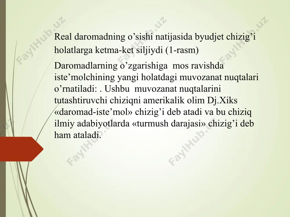 imkoniyatini oshiradi, ya’ni uning o’z ehtiyojini qondirish darajasini oshiradi. 4-rasm. normal tovarlar uchun daromad samarasi. x2 x1 б ne’mat б б б1 б3 б2 a a a a3 a2 a1 e1 e3 u2 e2 u1 а ne’mat bu erda a ne’matni iste’mol qilish hajmining umumiy o’zgarishi (uning narxi tushishi hisobidan) rasmda a1a3 bilan belgilangan. iste’molchi boshida 0a1 miqdorda a ne’matdan sotib oladi, narx o’zgargandan keyin sotib olish hajmi 0a3 ga o’zgaradi. b tovarni sotib olish hajmi 0b1 dan 0b3 ga qisqardi. a ne’mat iste’molining umumiy o’zgarishi a1a3 ga umumiy samara deyiladi. endi umumiy samarani daromad samarasiga va almashtirish samarasiga qanday ajralishni ko’ramiz. daromad samarasini aniqlash uchun ba byudjet chizig’iga parallel qilib ba byudjet chizig’ini u1 befarqlik egri chizig’iga urinadigan qilib o’tkazamiz va bu uringan nuqtani e2 deb belgilaymiz. e2 nuqtaga mos keluvchi optimal majmuadagi a ne’mat miqdori a2 ga teng va u a1a3 umumiy samarani ikki qismga ajratadi: a1a2 va …