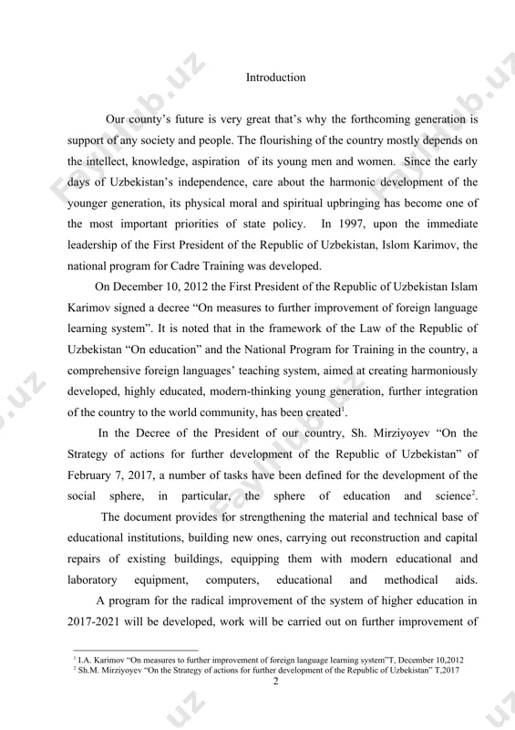 phere of education and science2. the document provides for strengthening the material and technical base of educational institutions, building new ones, carrying out reconstruction and capital repairs of existing buildings, equipping them with modern educational and laboratory equipment, computers, educational and methodical aids. a program for the radical improvement of the system of higher education in 2017-2021 will be developed, work will be carried out on further improvement of the curricula, gradually increasing independence of higher education institutions by expanding their powers in using additional sources of funding and providing paid services. for the first time this year, students are admitted to the 10th grade of the secondary special education system. this was carried out in parallel with the process of admission to academic lyceums and professional colleges. at the same time, the wishes and opinions of parents and students were mainly taken into account. the president of our country …