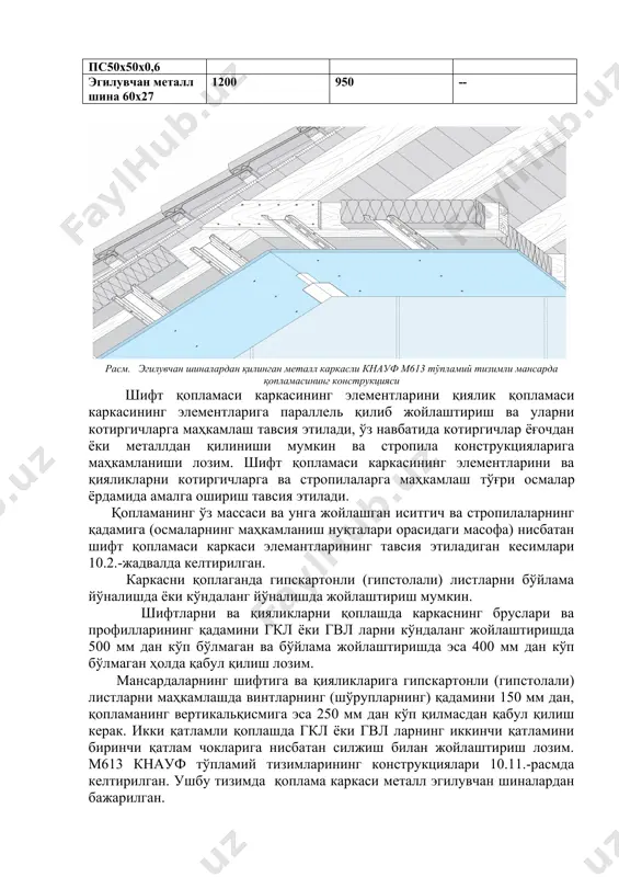 и, ўз навбатида котиргичлар ёғочдан ёки металлдан қилиниши мумкин ва стропила конструкцияларига маҳкамланиши лозим. шифт қопламаси каркасининг элементларини ва қияликларни котиргичларга ва стропилаларга маҳкамлаш тўғри осмалар ёрдамида амалга ошириш тавсия этилади. қопламанинг ўз массаси ва унга жойлашган иситгич ва стропилаларнинг қадамига (осмаларнинг маҳкамланиш нуқталари орасидаги масофа) нисбатан шифт қопламаси каркаси элемантларининг тавсия этиладиган кесимлари 10.2.-жадвалда келтирилган. каркасни қоплаганда гипскартонли (гипстолали) листларни бўйлама йўналишда ёки кўндаланг йўналишда жойлаштириш мумкин. шифтларни ва қияликларни қоплашда каркаснинг бруслари ва профилларининг қадамини гкл ёки гвл ларни кўндаланг жойлаштиришда 500 мм дан кўп бўлмаган ва бўйлама жойлаштиришда эса 400 мм дан кўп бўлмаган ҳолда қабул қилиш лозим. мансардаларнинг шифтига ва қияликларига гипскартонли (гипстолали) листларни маҳкамлашда винтларнинг (шўрупларнинг) қадамини 150 мм дан, қопламанинг вертикальқисмига эса 250 мм дан кўп қилмасдан қабул қилиш керак. икки қатламли қоплашда гкл ёки гвл ларнинг иккинчи қатламини биринчи қатлам чокларига нисбатан силжиш билан жойлаштириш лозим. м613 кнауф тўпламий тизимларининг конструкциялари 10.11.-расмда келтирилган. …