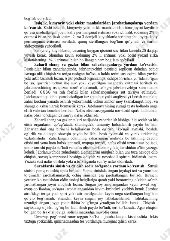 vqin paydo bo’lishi, bosh aylanishi va yurak urishining tezlashishidir. zaharlangan odamning zaharlangan muhitda bo’lishining davom etishi uni yana ham holsizlantiradi, uyquga tortadi, nafas olishi uzun-uzun bo’ladi, tomir tortishi paydo bo’ladi va nafas olish markazining falajlanishidan o’lim yuzaga keladi. jabrlanuvchida zaharlanish alomatlarini aniqlash bilan uni toza havoga olib chiqish, sovuq kompressni boshiga qo’yish va novshadil spirtini hidlatish lozim. yuzaki sust nafas olishda yoki u to’xtaganda sun’iy nafas oldiriladi. suyaklarda sinish va chiqish sodir bo’lganda yordam ko’rsatish. suyak sinishi yopiq va ochiq tipda bo’ladi. yopiq sinishda singan joydagi teri va yumshoq to’qimalar jarohatlanmaydi, ochiq sinishda esa jarohatlangan bo’ladi. birinchi yordam ko’rsatishdan oldin tashqi belgilariga qarab yoki bemorning o’zidan so’rab jarohatlangan joyni aniqlash lozim. singan joy aniqlangandan keyin avval sog’ oyoq-qo’llardan, so’ngra jarohatlanganidan kiyim-kechakni yechish kerak. jarohat atrofidagi teriga yod, spirt yoki atir surtilgandan keyin unga sterillangan bog’lam qo’yib bog’lanadi. shundan keyin singan joy tahtakachlanadi. tahtakachning uzunligi singan joyga yaqin ikkita bo’g’imga yetadigan …