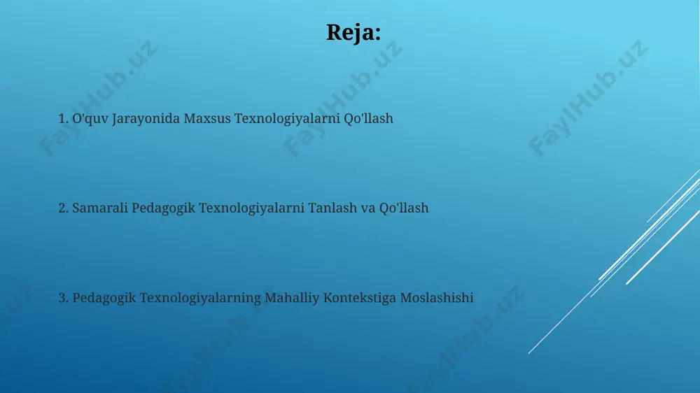 i. ta'lim samaradorligini kuzatishda 5-10% o'quvchilarning namunaviy ishlarini tahlil qilish va 20-30% o'quvchilar bilan individual suhbat o'tkazish tavsiya etiladi. o'quv rejalarini mahalliylashtirish strategiyalari ўқув режаларини маҳаллийлаштиришда, маҳаллий эҳтиёжларга мослаштирилган 10 тадан ортиқ амалий топшириқлар ва 3 та лойиҳа ишларини жорий этиш билимларни амалий қўллашга ёрдам беради. ўқув режаларини маҳаллийлаштиришда 5 тадан ортиқ маҳаллий манбаларни, жумладан, 2 та минтақавий диалектдаги адабиётларни ва 3 та маҳаллий тадқиқот натижаларини интеграция қилиш самарадорликни оширади. pedagogik texnologiyaning mahalliy kontekstiga kirish pedagogik texnologiyalarning samaradorligi, 30 ta maktabda o‘tkazilgan tadqiqotga ko‘ra, mahalliy o‘quv dasturlariga moslashtirilganda 20% ga oshgan. qo‘llanilgan 10 ta mahalliy tilga moslashtirilgan o‘quv dasturiy ta’minotining tahlili shuni ko‘rsatdiki, ularning 7 tasida o‘quvchilarning faol ishtiroki ta’minlangan. muvaffaqiyatli amaliyotlar va misollar o‘zbekiston maktablarining 70%ida interfaol doskalar qo‘llanilishi o‘quvchilarning faol ishtirokini 30% ga oshirdi, bu esa o‘zlashtirish darajasini yaxshiladi. qashqadaryo viloyatining 5 ta qishloq maktabida amalga oshirilgan onlayn ta’lim loyihasi, o‘quvchilarning uy vazifalarini bajarish samaradorligini 25% ga oshirdi …