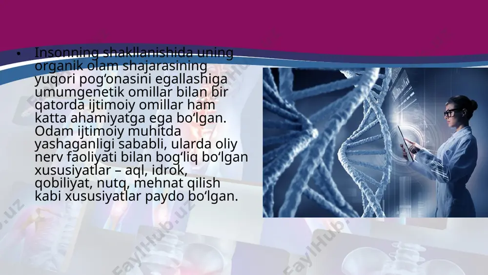 strukturasi aniqlanadi. 1908-yili ingliz matematigi g. xardi va nemis antropogenetigi v. vaynberg hozirda xardi-vaynberg qonuni deb ataladigan formulani ishlab chiqishdi. odam irsiyatini o‘rganish metodlari organizmdagi belgilarning irsiylanish tiplari haqida muayyan xulosa chiqarish imkonini beradi. odam genetikasi ulkan amaliy ahamiyatga ega, odam belgi va xususiyatlarining normal va patologik holatidagi irsiylanishi va o‘zga rishining qonuniyatlarini kashf etadi. odam genetikasi odamdagi irsiyat va o‘zgaruvchanlik qonuniyatlarini molekula, hujayra, organizm va populatsiya darajalarida o‘rganadi. image2.jpeg image3.jpeg image4.jpeg image5.jpeg image6.jpeg image7.jpeg image8.jpeg image9.jpeg image10.jpeg image11.jpeg image12.jpeg image1.jpeg close view of a dna strand /docprops/thumbnail.jpeg