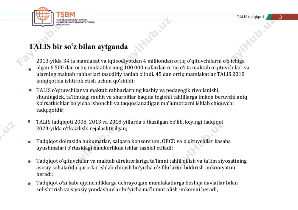 urli qiyinchiliklarga dosh berishga qanchalik tayyor?  baholash va o‘zaro fikr-mulohaza almashish tizimlari o‘qituvchilarning kasbiy rivojlanishini qanday qilib samarali qo‘llab-quvvatlashi mumkin?  maktab va o‘quvchilarning yutuqlarini takomillashtirish maqsadida maktabning boshqaruv tizimini qanday kuchaytirish mumkin?  siyosatchilar o‘qituvchilarning kasbiy rivojlanishiga sarflangan �sarmoyalar o‘qituvchilar faoliyatiga ijobiy ta’sir ko‘rsatishiga qanday ishonch hosil qilishlari mumkin?� talis tadqiqotida nimaga e’tibor qaratiladi? 2008-yildagi talis tadqiqotining birinchi davriyligi o‘rta ta’limdagi o‘qituvchilarga qaratilgan bo‘lib, u to‘rtta qit’a bo‘ylab 24 ta mamlakatda o‘tkazilgan. 2013-yildagi talis tadqiqotining ikkinchi davriyligi yanada kengroq qamrovga ega bo‘lib, u 34 ta ishtirokchi mamlakat yoki iqtisodiyotni o‘z ichiga oldi. alohidalik yoki jamoa yetakchiligi, o‘qituvchilarning boshlang‘ich malakasi va o‘quvchilarni baholash amaliyoti bo‘yicha yangi ko‘rsatkichlar kiritildi. talis 2013 tadqiqotida, shuningdek, ishtirokchi mamlakatlarga boshlang‘ich va o‘rta maktab o‘qituvchilari o‘rtasida so‘rovnoma o‘tkazish imkoniyatini berdi. bundan tashqari, mamlakatlar pisa 2012 tadqiqotida qatnashgan maktablarda talis 2013 tadqiqotini o‘tkazish imkoniyatiga ega edilar. talis tadqiqoti  oecd mamlakatlarida o‘qituvchilar boshlang‘ich bosqichda yiliga o‘rtacha …