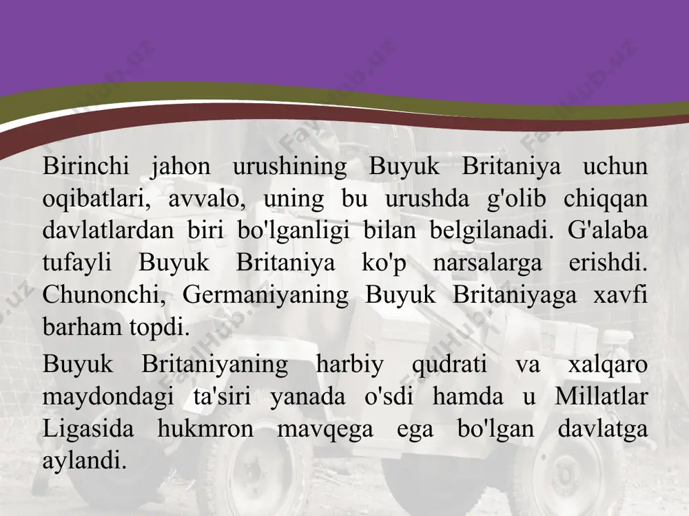 aniya bilan muzokaralarga kirishdi. 1921-yilda buyuk britaniya — irlandiya shartnomasi imzolandi. unga ko'ra irlandiya ikkiga bo'lindi. poytaxti dublin shahri bo'lgan janubiy irlandiyaga dominion huquqi berildi. shimoliy irlandiya esa buyuk britaniya tarkibida qoldi. shu vaqtdan boshlab mamlakat rasman «buyuk britaniya va shimoliy irlandiya qo'shma qirolligi» deb ataladigan bo'ldi. 1924-yil yanvarda bu partiya rahbari r.makdonald (1866—1937) boshchiligida yangi hukumat tuzildi. r. makdonald hukumati uzoq yashamadi. 1924-yil 8-oktabrda konservatorlar partiyasi deputatlari parlamentda ko'pchilikka ega bo'lmagan leyboristlar hukumatiga ishonchsizlik bildirishga muvaffaqbo'ldilar. r. makdonald iste'fo berishga majbur bo'ldi. 29-oktabrda bo'lib o'tgan yangi parlament saylovida konservatorlar partiyasi g'alaba qozondi (415 o'rin). noyabr oyida s. bolduin yana bosh vazir lavozimini egalladi s. bolduin r.makdonald 1927-yil 24-martda buyuk britaniya xitoyga qarshi harbiy intervensiya uyushtirdi. uning maqsadi xitoyda chan kayshi hokimiyatini to'la qaror toptirish edi. 18-aprelda nankinda chan kayshi hukumati qaror topdi. 30-yillarda buyuk britaniya tashqi siyosati ikki asosiy muammoga duch keldi. bular, bir tomondan, fashistlar germaniyasining yevropadagi agressiv …