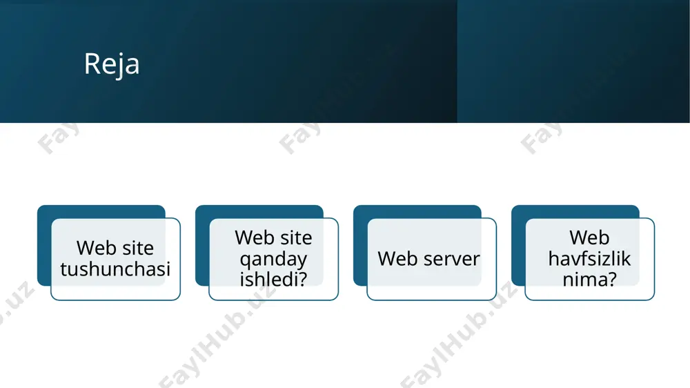 noyob do'kon yoki do’konlardir. bozorga o'xshab, har bir veb-sahifa do'kondagi tovarlar kabi turli xil mahsulotlarni - ma'lumotlar, tasvirlar va xizmatlarni taklif qiladi. endi internetni bozor joylashgan shahar, son-sanoqsiz bozorlarni (veb-saytlarni) bog‘laydigan keng tarmoq sifatida tasavvur qiling. bu har biri o'ziga xos takliflarga ega bo'lgan bir-biriga bog'langan bozorlarga to'la shaharni o'rganishga o'xshaydi. veb sahifa veb-sahifa - bu bitta hujjat yoki veb-sayt ichidagi sahifa. veb-saytlar birlashtirilgan veb-saytni ko'rsatish uchun bir-biriga giperhavolalar bilan bog'langan bir nechta veb-sahifalarga ega bo'lishi mumkin. siz hozir bo'lgan sahifa veb-sahifadir. bosh sahifaga kirganingizda, siz alohida veb-sahifadasiz, lekin baribir bir xil veb-sayt ichidasiz. veb-server veb-server bu foydalanuvchilarga veb-sahifalarni so'raganda saqlaydigan va etkazib beradigan kompyuter. bu veb-sayt uchun barcha fayllar va ma'lumotlar saqlanadigan jismoniy joy. kimdir veb-saytingizning url manzilini kiritganda, server kerakli fayllarni oladi va veb-sahifani yaratish uchun ularni ko'rsatadi. veb-sayt veb-sayt bu bitta domen nomi yoki url bilan kirish mumkin bo'lgan veb-sahifalar to'plami. u veb-serverda saqlangan barcha alohida sahifalarni, …