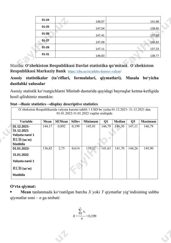 qilingan xulosa); eng kichik qiymati 145,91 va eng katta qiymati 146,79 bo’lib, medianasi 146,50 ga teng. 2 o’zbekiston respublikasi markaziy banki bo’yicha 1 rub narxlari indeksi dinamikasi y (o’tgan yilning dekabr oyiga nisbatan) uchun o’rtacha qiymat ga teng, y asosan 1 136,82-0,614=136.206 va 136.82+0.614=137.434 oralig’ida joylashgan (o’rtcha kvadratik chetlanishdan qilingan xulosa); eng kichik qiymati va eng katta qiymati 145,91 bo’lib, medianasi 145,90 ga teng. nuqtaviy diagramma. dastlabki xulosalar. masala terminlarida xulosa. yuqoridagi berilgan statistik ma’lumotlarni koordinatalar sistemasida tasvirlaymiz. bunda tushuntiruvchi o‘zgaruvchi(x, o’tgan yil 01.12.2021dan 31.12.2021 oyga nisbatan 1 rub narxi darajasi) va tushuntiriluvchi o‘zgaruvchi (y, 01.01.2022 dan 31.01.2022 oyiga nisbatan 1 rub narxi darajasi) orasidagi o‘zaro moslik koordinatalar sistemasidagi nuqtalar yordamida ifodalanadi. berilgan (x;y) juftlik ikki o‘chovli fazoda joylashadi va bu tasvir berilganlarning nuqtali diagrammasi deyiladi. ushbu diagrammadan ko‘rish mumkinki, o’zbekiston respublikasi bo’yicha sanoat mahsulotlari ishlab chiqaruvchilar narxlari indeksi dinamikasi turli davrlarda turlicha o’sganini yoki pasayganini ko’rish mumkin. image2.wmf oleobject2.bin …