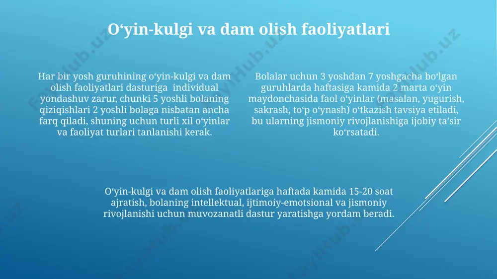 bo‘lgan bolalarda o‘z-o‘zini boshqarish, hamkorlik qilish va his-tuyg‘ularini ifoda etish ko‘nikmalarini kuzatish muhimdir. ijtimoiy-emotsional kompetensiyalarni rivojlantirish uchun, bolalar bog‘chasida 2-3ta turli ijtimoiy rollarni o‘ynash orqali o‘zlarini namoyon qilish imkoniyatlarini ta'minlash tavsiya etiladi. bolalarning ijtimoiy-emotsional rivojlanishiga 3 yoshdan boshlab oila va tengdoshlar bilan o‘zaro munosabatlarning sifati sezilarli ta'sir ko‘rsatadi, bu jarayonda 70% dan ortiq muvaffaqiyat ota-onalarning tarbiyasi bilan bog‘liq. kognitiv rivojlanish 5 yoshgacha bo'lgan bolalar uchun kognitiv rivojlanish dasturiga vizual qo'llab-quvvatlash (rasmlar, o'yinchoqlar)ni qo'shish ularning tushunishini va ma'lumotni eslab qolishini yaxshilaydi, bu esa lug'at boyligini 20% ga oshirishga yordam beradi. kognitiv rivojlanishni rag'batlantirish uchun har kuni kamida 15-20 daqiqa davomida muammolarni echishga qaratilgan o'yinlar (puzzle, konstruktorlar) o'tkazish, bolaning mantiqiy fikrlash va muammo hal qilish qobiliyatini rivojlantiradi. bolalarning kognitiv rivojlanishi uchun haftada kamida 3 ta turli xil faoliyat turlarini (masalan, o'yinlar, qo'shiqlar, hikoya o'qish) rejalashtirish muhim, bu ularning xotirasi, e'tibori va muammolarni yechish qobiliyatini rivojlantirishga yordam beradi. xavfsizlik choralari xavfsizlik choralari sifatida, …