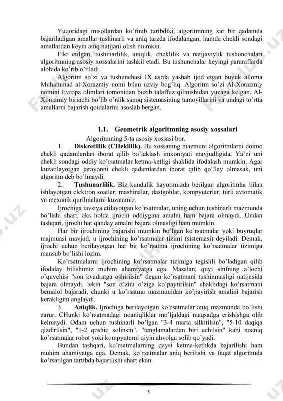 fiy sikllardan tashqari. shu sababli oldin ko’rib o’tilgan deykstra algoritmiga qaraganda umumiyroq hisoblanadi. floyd-uorshell algoritmini amalga oshirish uchun har bir tuguni 1 dan |v| gacha nomerlangan g=(v,e) grafning qo’shma matrisasi d[][] ni tashkil etamiz. bu matrisa |v|x|v| o’lchamga ega bo’ladi va har bir d[i][j] elementga i dan j gacha bo’lgan qirralarning vazni o’zlashtiriladi. algoritm bajarilishi mobaynida ushbu matrisa qayta yoziladi: uning har bir yacheykasiga i tugundan j tugungacha hisoblangan eng optimal, qisqa masofa yoziladi. endi algoritmning asosiy qismini tuzishdan oldin, eng qisqa yo'llarning matritsasi tarkibini tushunish kerak. uning har bir elementi d[i][j] mavjud bo'lgan marshrutlarning eng kichikini o'z ichiga olishi kerakligi sababli, biz darhol ayta olamizki, yagona tugundan uchun u nolga teng, hattoki pastadir (manfiy sikllar hisobga olinmaydi), shuning uchun asosiy diagonalning barcha elementlari (d[i][i]) ni 0 qilish kerak. diagonalda bo’lmagan 0 qiymatli elementlar (matrisaning i va j tugunlari o'rtasida bevosita qirra mavjud bo'lmagan joylarida nollar bo'lishi mumkin) ularning qiymatini …