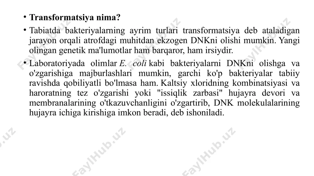 kislotasining gidrolizi ko'rsatilgan ( 1 ); — oksidlanish reaksiyalari: gidroksillanish, epoksi guruhini kiritish, sulfoksidlar hosil qilish, dekillanish, dezaminlanish; - qaytarilish reaksiyalari: karbonil guruhini, azo- yoki nitro birikmalarini kamaytirish, degalogenlash; - metilatsiya: misol sifatida, katexolamin norepinefrinning inaktivatsiyasi berilgan - oltingugurtdan tozalash. bakterial transformatsiya bosqichlari va ularni tanlash maxsus tayyorlangan bakteriyalar dnk bilan aralashtiriladi (masalan, bog'lash orqali olinadi). bakteriyalar issiqlik zarbasiga duchor bo'lib, ularning bir qismi plazmidni iste'mol qiladi.[u qanday ishlaydi?] klonlashda ishlatiladigan plazmidlar antibiotiklarga chidamlilik genini o'z ichiga oladi. transformatsiyadan so'ng barcha bakteriyalar antibiotik bo'lgan ozuqa moddasi bo'lgan idishga joylashtiriladi va natijada faqat plazmidni o'zlashtirgan bakteriyalar qoladi. plazmidsiz bakteriyalar nobud bo'ladi. plazmidli har bir bakteriya plazmidni o'z ichiga olgan bir xil bakteriyalar guruhini keltirib chiqaradi, bunday guruh koloniya deb ataladi . koloniyani "to'g'ri" plazmid bilan aniqlash uchun bir nechta koloniyalar sinovdan o'tkaziladi (masalan, pcr yoki cheklov tahlili yordamida). kerakli plazmidnia o'z ichiga olgan koloniya katta hajmlarda o'stiriladi va plazmid yoki oqsil …