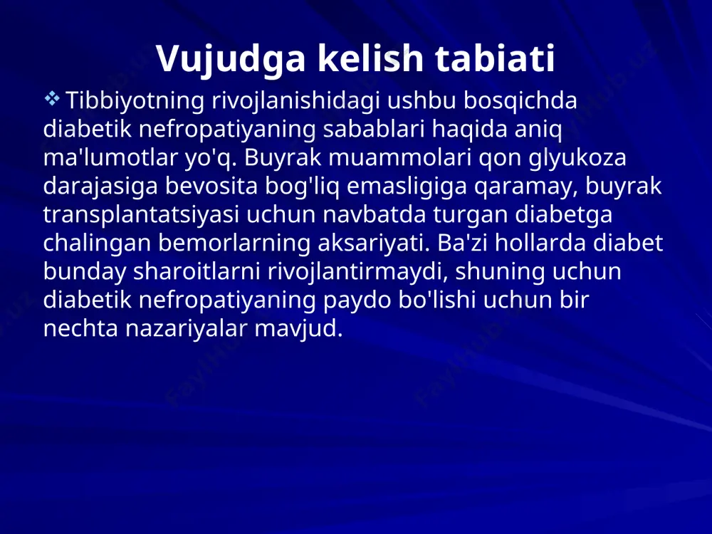 ivojlanish bilan tavsiflanadi. kamdan kam hollarda patologiya diabet kasalligi tashxisidan keyin bir necha oy o'tgach rivojlanadi va odatda kasallikning qo'shimcha asoratlari bunga yordam beradi. ko'pincha, bu bir necha yil davom etadi, bu davrda alomatlar juda sekin ko'tariladi, odatda bemorlar paydo bo'lgan noqulayliklarni darhol sezmaydilar. ushbu kasallik qanday rivojlanishini aniq bilish uchun siz davriy ravishda qon va siydik sinovlaridan o'tishingiz kerak. kasallik rivojlanishining bir necha bosqichlari mavjud: kasallikning patologik belgilari mutlaqo yo'q bo'lgan asemptomatik bosqich. faqatgina ta'rif buyrak filtratsiyasining ko'payishi hisoblanadi. ushbu bosqichda mikroalbominuriya darajasi kuniga 30 mg dan oshmaydi. patologiyaning dastlabki bosqichi. ushbu davrda mikroalbuminuriya avvalgi darajada (kuniga 30 mg dan ko'p bo'lmagan) qoladi, ammo organlar tuzilishida qaytarilmas o'zgarishlar paydo bo'ladi. xususan, kapillyarlarning devorlari qalinlashadi va buyrakning birlashtiruvchi kanallari organga qon ta'minoti uchun javob beradi. bosqichli mikroalbuminuriya yoki prenefrotik taxminan besh yil ichida rivojlanadi. bu vaqtda bemor biron bir alomat haqida tashvishlanmaydi, faqat mashqdan keyin qon bosimining biroz ko'tarilishi bundan …