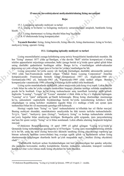 investitsiyalarni moliyalashtirishning lizing mexanizmi — DOC
