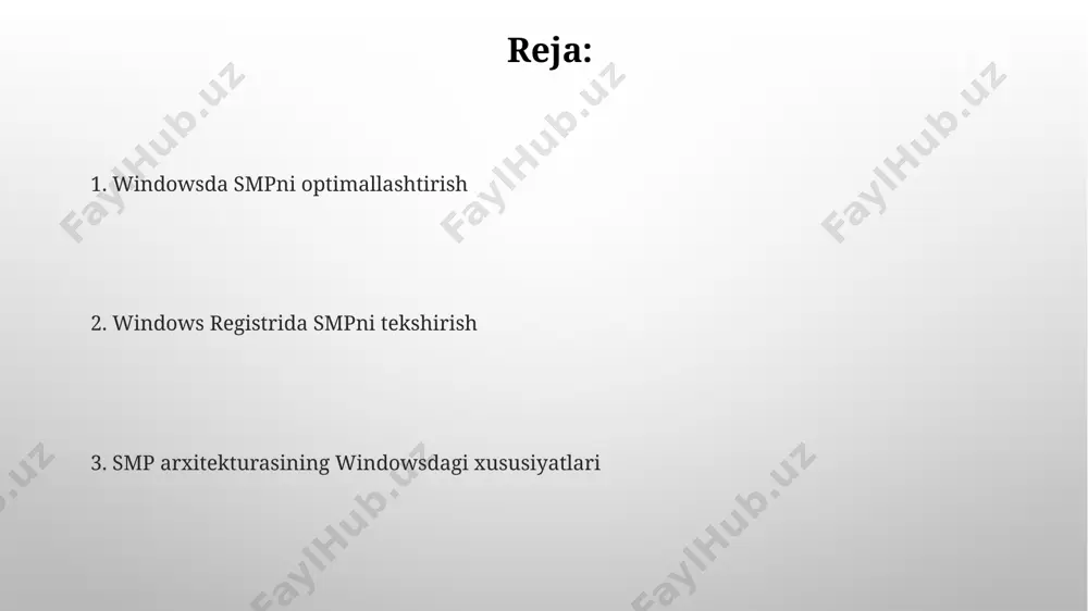 беради. yadro sonini aniqlash windows tizim ma'lumotlarini "dxdiag" buyrug'i orqali ochib, "system" yorlig'ida ko'rsatilgan "processors" qismida protsessorlarning umumiy sonini va ularning har birining xususiyatlarini, masalan, yadro sonini ko'rishingiz mumkin; bu 4 yoki undan ortiq bo'lishi mumkin. hkey_local_machine\hardware\description\system\centralprocessor ma'lumotlarini tekshirib, har bir protsessorning processorname va ~mhz kabi parametrlarini ko'rib, fizik yadrolar sonini aniqlash mumkin, bu yerda ~mhz protsessor chastotasini bildiradi. windowsda simmetrik ko‘p protsessorli tizimlar "hkey_local_machine\hardware\description\system\centralprocessor" tarmog'idagi ma'lumotlar protsessorning turi, tezligi va boshqa xususiyatlarini o'z ichiga oladi va smp konfiguratsiyasi haqida batafsil ma'lumot beradi. windowsda smp konfiguratsiyasi uchun ishlatiladigan interruptlarni (irq) va boshqa resurslarni (xotira, i/o) taqsimlashni "device manager" yordamida tekshirish mumkin. bu muhim tizim resurslarining samarali ishlatilishini ko'rsatadi. muhim registr kalitlari "hkey_local_machine\hardware\description\system\centralprocessor" kaliti har bir protsessor haqida batafsil ma'lumotlarni, jumladan, protsessor identifikatorlari va taktik chastotalarini o'z ichiga oladi, bu esa smp konfiguratsiyasini chuqurroq tahlil qilish imkonini beradi. windows registridagi "numberofprocessors" kaliti protsessorlar sonini ko'rsatadi va smp tizimlarida 2 yoki undan …