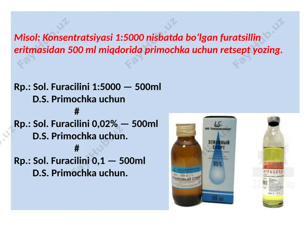 spissum), қуруқ (ext. siccum) бўлади. экстрактни ёзиб беришда рецепт дори шаклининг номидан бошланиб, кейин ўсимликнинг номи, микдори, уни ишлатиш усули ёзилади suyuq ekstraktlar– (extractum fluidum) o‘simlik xom-ashyosidan asosan spirt yordamida olinadigan konsentrlangan ajratmalardir. ularning tayyorlanish texnologiyasi ham tindirmalarnikiga o‘xshash bo‘lib, ular ham tomchilarda dozalanadi va retsept yozishda o‘simlikning nomidan keyin ekstraktning turi (suyuq – fluidum) albatta ko‘rsatiladi, so‘ngra esa uning miqdori belgilanadi. misol. tog’ jumurt (frangula) suyuq ekstraktidan 20 ml retsept yozib berilsin. 20 tomchidan kuniga 3 mahal ichish uchun buyurilsin. rp.: exstracti frangulae fluidi 20 ml d.s. 20 tomchidan 3 mahal ichish uchun novogalen preparatlar- o‘simlik xom-ashyosiga maxsus ishlov berish natijasida olinadi va ichish uchun hamda parenteral yo‘l bilan yuborish uchun ishlatiladi. novogalen preparatlarning hammasi ofitsinal bo‘lib, har birining maxsus nomi bor. ichish uchun ishlatiladigan novogalen preparatlar flakonlarda, in’eksiya qilish uchun mo‘ljallanganlari esa ampulalarda chiqariladi. ichish uchun buyuriladigan novogalen preparatlarga retsept yozishda preparatning nomi va miqdori ko‘rsatiladi, konsentratsiyasi esa …