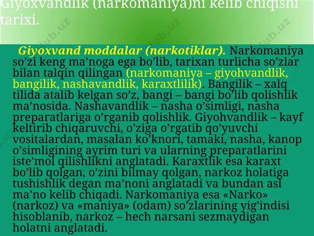 yaning boshlanishiga sababchi bo’lgan omillar avvalo aytish mumkinki, narkotik moddalarga o’rganib, giyohvand bo’lib qolishlikning sabablari anchagina. masalan: 1) dastavval boshqalardan ko’rib shunga intilishlik; 2) kayf qilishilikka xavas bilan qarashlik; 3) biror boshqa atrofdagi kishilar yoki tengqurlarining ta’sirida birinchi bor o’zini sinab ko’rishlik; 4) guruhlarga qo’shilib qolishlik; 5) uning yomon oqibatlari haqida chuqur o’ylamaslik; 6) oiladagi ayrim nohushliklar; 7) tarbiyaning etarli darajada bo’lmasligi; 8) ijtimoiy va oilaviy qiyinchiliklar; 9) maktabdagi ayrim shaxslar — «do’stlar»ning ta’siri; 10) ishining yurishmaganligi; 11) ishqiy muhabbatdagi ko’ngilsizlik; 12) bekorchi vaqtning ko’pligi va boshqalar; 13) shaxsning o’ziga xos xususiyatlari; 14) oila va maktab tarbiyasining ahamiyati; 15) har narsaga intilish, orzu xavas va yangilikka, modaga intilish; 16) oilaviy va sotsial ta’minotning yuqori darajada bo’lishi; 17) ma’naviyat, ma’rifat va madaniyatdagi kimchiliklar; 18) inson irodasining etarli darajada emasligi; 19) va boshqa birqancha sabablar hamda salbiy ta’sirlar; ammo, xar qanday bo’lganda ham ushbu noto’g’ri yo’lga qadam bosishlikning boshlang’ich sababi shaxsning irodasini …