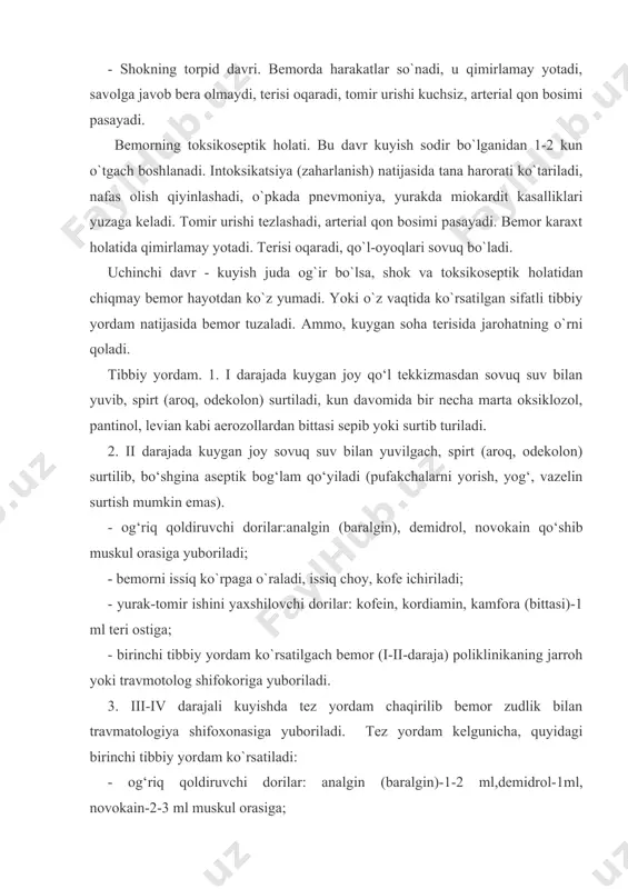 igan og`ir kasallik holati bilan xarakterlanadi. sababi. harorat 0є c dan past bo`lganida sovuq uradi. ammo, namlik yuqori, shamol, kiyim-bosh yupqa bo`lsa, harorat 0є c dan yuqori bo`lganida ham sovuq urishi mumkin. odamni mast holatida, poyafzal torligida, kiyimlar ho`l bo`lganida, uzoq vaqt sovuq havoda qimirlamay turganda, havo harorati +5 bo`lsa ham sovuq urishi mumkin.charchash, och qolish va holdan toyish odamni sovuq urishga moyil qilib qo`yadi. belgilari. sovuq urishning boshlanish davrida teri rangi o`zgaradi, sezuvchanlik pasayadi. sovuq urishning to‘rt darajasi tafovut qilinadi: i daraja - sovuq urgan joy qichishadi, og`riydi. sezuvchanlik asta-sekin yuqoladi. oqarib turgan terida qizil, ko`k, binafsha rangli dog`lar paydo bo`ladi. ii daraja –sovuq urgan joyda ichida loyqa suyuqlik bo`lgan pufakchalar paydo bo`ladi. iii daraja - terining sovuq urgan sohasidagi to`qima nekrozlanadi (qorayadi) va 7-10 kun davomida tushib ketadi. uning o`rnida chandiq hosil bo`ladi. tushib ketgan tirnoq qayta o`sib chiqmaydi.tuzalish jarayoni 2 oygacha davom etadi. ivdaraja - sovuq urgan …