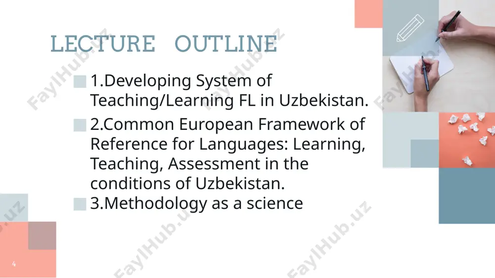 or sciences. 3. methodology as a theory of teaching and a science. 18 methodology in professional sense has 3 main notions: fltm is a science researching aims, content, methods, approaches, strategies, systems of teaching and upbringing based on the materials of foreign languages. essence of methodological science is investigation leading to discovering and grounding consequences of teaching, discovering objective structure and essence of researching feature. as a result research leads to creating theoretical grounds of scientifically proved methodical recommendations. basic methods of investigation: - critical literature analyses; - studying and generalizing positive experience of the best teachers; - scientifically fixed observation; - probative teaching; - testing teaching; - experimental teaching. supplementary methods of investigation: - questionnaire; - testing; - talking; - interview. 20 methods of investigation are subdivided into basic and supplementary there are 3 functionally different types of methodology special methodology private methodology general methodology 21 general methodology deals …