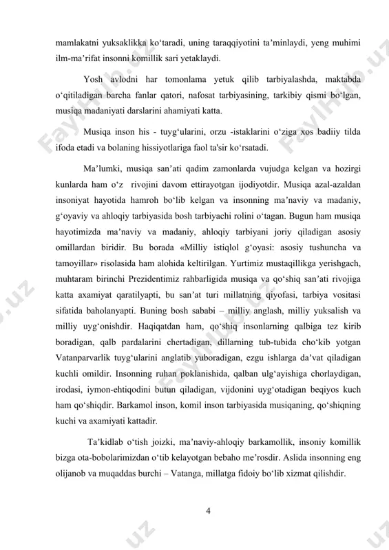asdiqlash to‘g‘risida 28-noyabr 2018-yilda prezidentimiz sh.mirziyoev tomonidan qaror qabul qilindi. yuqoridagi fikrlardan ko‘rinib turibdiki, vatanparvarlik tarbiyasini shakllantirish masalasi asosiy falsafiy-ahloqiy, maʼnaviy-maʼrifiy burch va vazifa bo‘lib kelgan va shunday bo‘lib qoladi. zero, tarbiyasiz hech qanday rivojlanish va taraqqiyotni tasavvur qilib bo‘lmaydi. mustaqillikka erishgan o‘zbekiston respublikasi jahon hamjamiyati oldida o‘zining yuksak potentsial imkoniyatlarini namoyon qila boshladi. xalqaro arenada teng huquqli davlatlar o‘zbekiston o‘zining tarixan boy, sharqona betakror anʼanalar va madaniyatga yega bo‘lgan mamlakat ekanligini birin-ketin tan ola boshladilar. yoshlarga vatan insonni kindik qoni to‘kilgan muqaddas makon ekanligi, bizning vatandoshlarimiz jaxon adabiyoti durdonalariga o‘zlarinig yozgan asarlari, barpo etgan imortlari, asori atiqalari bilan bugungi kunda va xar doimdunyo axlini lol qoldigan bunday buyuk navqiron va bepoyon vatanni sevish ardoqlash xam farz xam qarz yekanligini taʼkidlab o‘tish lozim. ajdodlarimizdan estalik bo‘lib qolgan xalq og‘zaki ijodiyoti va qo‘shiqlari shunday maʼnaviy bisotimizning bir qismini tashkil yetadi. yosh avlodga milliy rux, bag‘ishlaydigan bu ulkan meʼrosning salmoqli bir bo‘lagini …