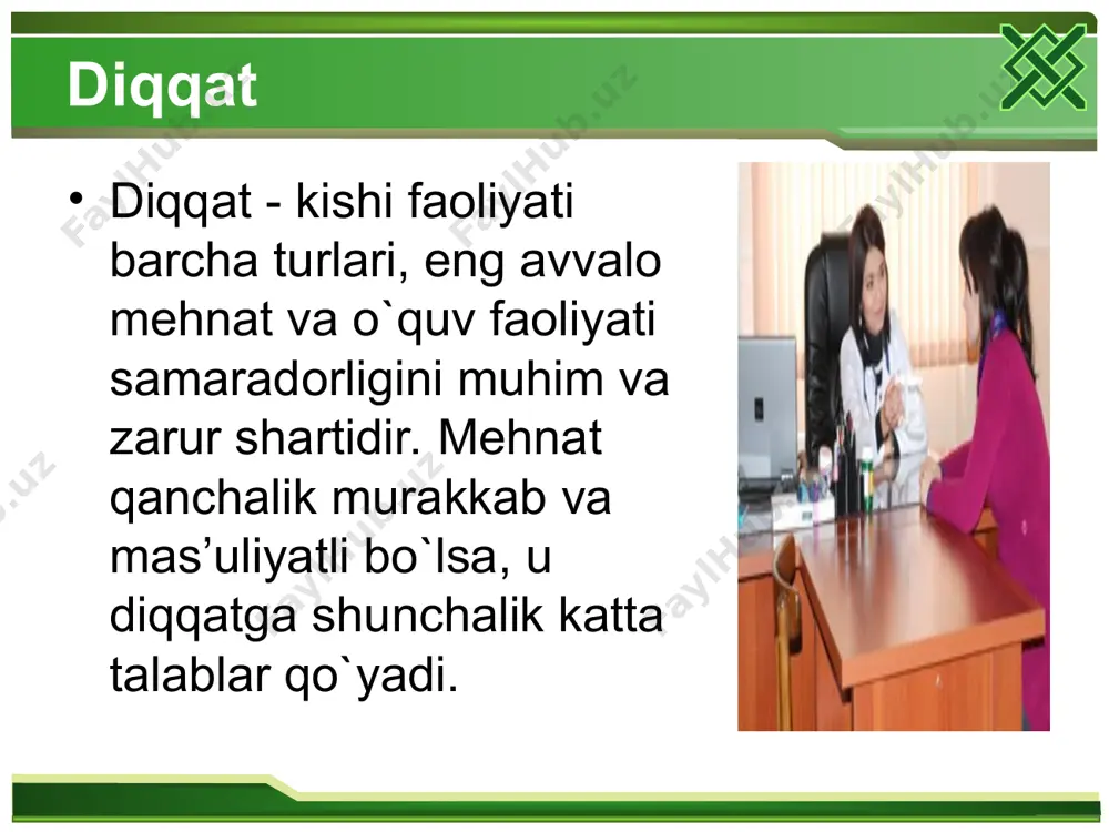 g taqsimlanishi ikki va undan ko'proq faoliyat turlari- ning (bir qancha harakatlarning) bir vaqtning o'zida muvaffaqiyatli bajarish imkoniyati bilan bog'liq xususiyat. diqqatning yuksak daraja- da taqsimlanishi - ko'pgina hozirgi zamon mehnat turlari muvaffaqiyatliligining muqarrar shartlaridan biridir. masalan, operatorlar, ko'plab dastgohlarda ishlovchilar, transport haydovchilari va boshqalarning ishi ana shuni talab qiladi. diqqatning ko'chishi ma'lum obyektning bir faoliyatdan ikkinchi bir faoliyatga, bir obyektdan ikkinchi bir obyektga, bir harakatdan ikkinchi bir harakatga o'tishida namoyon bo'ladi. diqqatning ko'chi- shi yo ongli ravishdagi xulq-atvorga, faoliyatning talablariga yoki o'zgarib ketayotgan shart-sharoitlarga muvofiq tarzda yangi faoliyatga kirishish zaruratiga bog'liq bo'ladi. faqat obyektlar va jarayonlar o'zgarib, faoliyat esa uzoq vaqt da- vomida o'zgarmasdan qolgan hollarda diqqatning barqarorligi doirasi- da uning ko'chishi yuz beradi. bunday ko'chish uzoq davom etadigan ish paytida charchashning oldini oladi va shu bilan diqqatning barqarorligini oshiradi. lekin bu tez-tez takrorlanavermasligi lozim, aks holda salbiy oqibatlarga olib kelishi mumkin diqqatning salbiy jihatlaridan biri parishonxotirlikdir. parishonxo- tirlik …