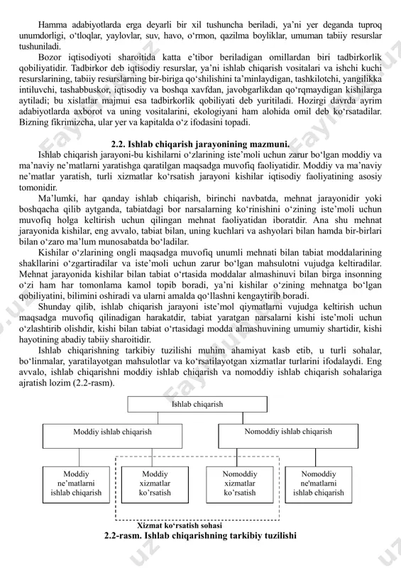 millari ishchi kuchi, kapital, yer-suv va tadbirkorlik qobiliyatidan iborat deb ta’kidlaymiz (2.1-rasm). 2.1-rasm. ishlab chiqarish omillarining turkumlanishi ishchi kuchi insonning mehnatga bo‘lgan aqliy va jismoniy qobiliyatlarining yig‘indisi bo‘lganligi uchun bozor iqtisodiyoti davrida inson emas, mehnat jarayoni ham emas, balki ishchi kuchi tovar sifatida sotiladi, uning boshqa tovarlar kabi qiymati va nafliligi mavjuddir va binobarin, uning bozori bo‘ladi. shuning uchun hozirgi kunda keng qo‘llanilayotgan mehnat bozori tushunchasi o‘rniga ishchi kuchi bozori, mehnat resurslari o‘rniga ishchi kuchi resurslari deyilsa to‘g‘ri va tushunarli bo‘lar edi. kapital tushunchasi ham turli adabiyotlarda turlicha talqin qilinadi. ko‘pchilik kapital tushunchasini tarixiy tushuncha deb qarab, uning kapitalizmga xosligini isbotlaydi va kapitalni o‘z egasiga qo‘shimcha qiymat keltiruvchi qiymat, o‘z-o‘zidan ko‘payuvchi, o‘suvchi qiymat deb hisoblaydi. ayrim g‘arb iqtisodchilari ham, masalan, j.klark, l.valras, i.fisherlar kapitalga daromad keltiruvchi, foyda keltiruvchi, foiz keltiruvchi qiymat deb qaraydilar. qator g‘arb iqtisodchilarining, jumladan d.xayman, p.xeyne, e.dolon, j.robinson, r.dornbush va boshqalarning fikrini keltirib va ularni umumlashtirib, prof. …