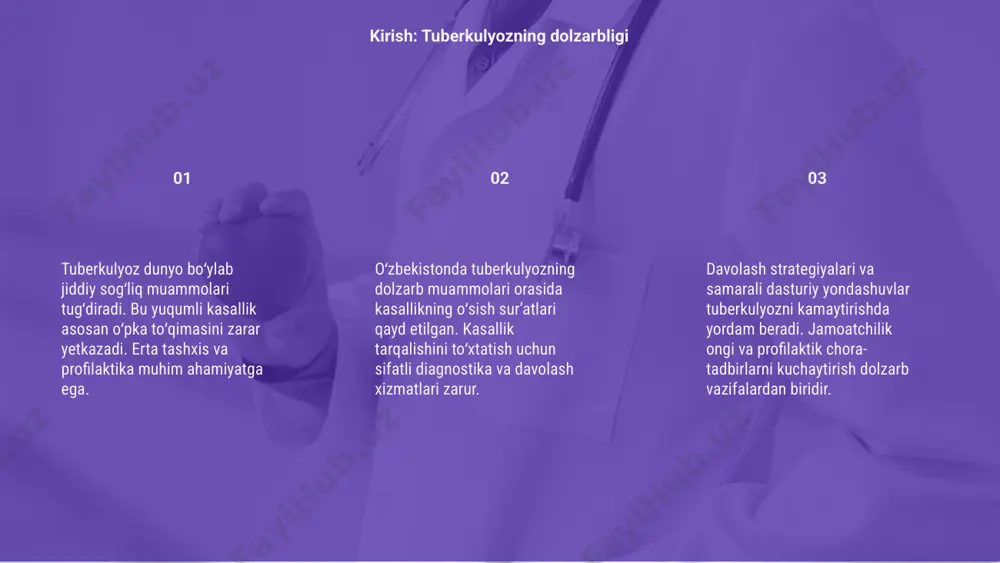 zoq muddatli rejalar ishlab chiqildi. 01 oʻzbekistonda tuberkulyoz kasalligi boʻyicha epidemiologik vaziyatni baholash natijalari bu kasallikka qarshi kurashishda zamonaviy va samarali strategiyalar joriy etilishining muhimligini koʻrsatadi. 02 innovatsion yondashuvlar, jumladan diagnostika va davolash uslubiyati, tuberkulyoz bilan kasallanish darajasini kamaytirishda yangi imkoniyatlar eshigini ochmoqda. ushbu choralar sogʻliqni saqlashda sezilarli oʻzgarishlar yaratar ekan. 03 oʻzbekiston oʻz oldiga tuberkulyozni bartaraf etishga qaratilgan aniq maqsadlarni qoʻygan. innovatsiyalar ushbu kasallikka qarshi kurashda asosiy vosita sifatida jadallashmoqda. tuberkulyozga qarshi kurash boʻyicha innovatsiyalar o'zbekistonda tuberkulyoz bo'yicha epidemiologik vaziyat yaxshilanmoqda, ammo yaxshi samaraga erishish uchun barqaror monitoring va samarali diagnostika tizimini kuchaytirish muhimdir. barvaqt tashxis qo'yish va sifatli davolash dasturlari orqali tuberkulyozdan aziyat chekayotgan bemorlar sonini kamaytirish bo'yicha maxsus sa'y-harakatlar olib borilmoqda. xavf guruhlarini aniqlash, aholining xabardorligini oshirish, profilaktika choralarini kuchaytirish orqali tuberkulyoz tarqalishini sezilarli darajada kamaytirish mumkin. xulosa va tavsiyalar e’tiboringiz uchun rahmat image1.png image2.png image3.png image4.gif image5.png image6.png image11.png