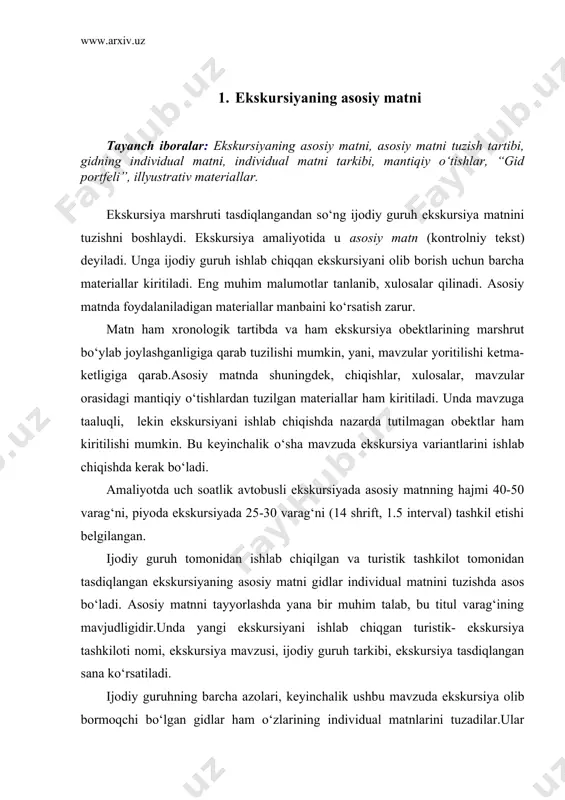 mos kelishi, materiallarni hikoya qilish tartibi esa,marshrut obekti qanday tartibga joylashganligiga qarab, hikoya qilinishi shart. 2. gidning individual matni individual matn –bu hikoya qilib berishga tayyor ekskursiya mahsulotidir,yani ekskursiya hikoyasi uchun matndir.individual matn tarkibi 3 qismdan iborat: chiqish(vstupleniye), asosiy qism, xulosa. chiqish va xulosa qismi asosiy qismdan tubdan farq qiladi,ular ekskursiya obektlari bilan o‘zaro bog‘liq emas.bular ko‘proq maruza, suhbatga yaqinroqdir. chiqish tashkiliy va axborot qismlariga bo‘linadi.tashkiliy qismda gid o‘zining ismi sharifini, ekskursiyani tashkil etgan muassasa nomini, avtobus haydovchisini tanishtiradi, mavzu va marshrutni elon qiladi, ekskursiya davomiyligini, uning yakun topish joyini(ushbu joyga xoxlovchilar avtobusni tark etishi mumkin), avtobusda o‘zini tutish haqida aytib o‘tadi. axborot qismida gid ekskursiya mazmunini qisqacha bayon qiladi, sayyohlar ko‘radigan diqqatga sazovor obektlarni, kichik mavzularni(podtema)sanab o‘tadi. chiqish 5-7 daqiqadan oshmasligi va uni marshrutga harakatni boshlamasdan avval o‘tkazish kerak.chiqish eng masuliyatli bosqichdir va u yorqin bo‘lishi shart.shu bosqichda sayyohlar bilan aloqa o‘rnatiladi, ular gid haqida ilk taasurotni oladilar. yaxshi …