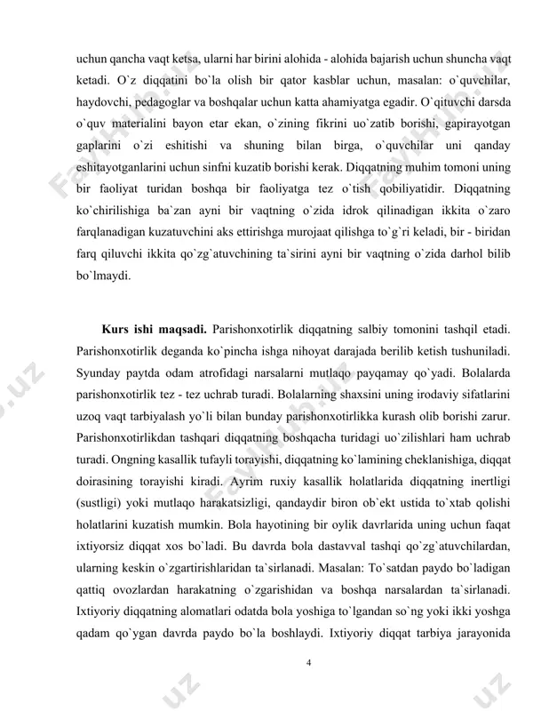 rivojlantiramiz. kurs ish vazifalari. kattalar tomonidan qaratilgan bu ixtiyoriy diqqat bola ikki yoshga etishi bilan ko`rina boshlaydi. bunda bola diqqatining to`planishi va barqarorligini saqlab turish uchun yoshlik paytidan boshlab beixtiyor ravishda o`ziga jalb qiladigan qo`zg`atuvchilarning taassurotini engishga to`g`ri keladi. katta kishilar bolani tozalikka, tartiblilikka, intizomli bo`lishga va jamiyatda yashash koidalariga o`rgatadilar. bo`larning hammasi ixtiyoriy diqqatni taraqqiy qildiradi. 5 yoshdan boshlab ixtiyoriy diqqat bolaning o`z tashabbusi bilan ham o`sa boshlaydi. bolalardagi ixtiyoriy diqqat maktab yoshidan boshlab tez o`sa boshlaydi. o`qish jarayonining o`zi ixtiyoriy diqqatning hamda uning to`planishi va barqarorligining o`sishiga yordam beradi. bolalarning yoshlari ulg`aygan sari diqqatning ayrim sifatlari kulami, kuchuvchanligi, kuchi va barqarorligi o`sib boradi. bolalarning diqqati avvalo kulamining torligi, bir narsadan ikkinchi narsaga sekinlik bilan kuchishi va bo`linishi bilan ajralib turadi. bir yoshli bolalarda biz faqat tor kontsentratsiyalashgan diqqatni ko`rishimiz mumkin. masalan: bolaga bir narsa berib bir qo`liga ushlatib qo`yib, ikkinchi qo`liga boshqa narsa bersak, u birinchi qo`lidagi narsani …