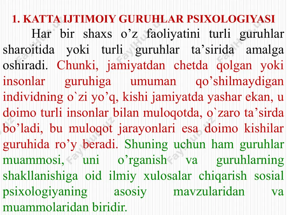 . masalan, ishchilar yoki ziyolilar sinfi psixologiyasi o`rganilishi kerak, deylik. avvalo o’sha ishchilarning soni ko`p, qolaversa, ishchilarning o`zi turli ishlab chiqarish sharoitlarida ishlayotgan, turli iqlim sharoitlarida yashayotgan turli millatga mansub kishilardir. ularning barchasini qamrab oladigan yagona ishonchli metodikani topish masalasi tadqiqotchi oldiga juda jiddiy muammolarni qo’yadi. shuning uchun ham har bir katta guruhga taalluqli bo`lgan asosiy yetakchi sifatni topish va shu asosda uning psixologiyasini o`rganish hozircha sosial psixologiyadagi asosiy metodologik yo`llanma bo`lib kelmoqda. qolaversa katta guruhlar jamiyatning tarixiy taraqqiyoti mobaynida shakllangan guruhlar bo`lgani uchun ham har qanday guruhni o`rganishdan oldin, xoh bu sinflar bo`lsin, xoh millatlar yoki xalqlar psixologiyasi bo`lsin, uning hayot tarzi, unga xos bo`lgan odatlar, udumdar, an`analar o`rganiladi. sosial psixologik ma`noda, hayot tarzini o`rganish deganda, u yoki bu guruhga taalluqli bo`lgan kishilar o’rtasida amalga oshiriladigan muloqot tiplari, o`zaro munosabatlarda ustun bo`lgan psixologik omillar, qiziqishlar, qadriyatlar, ehtiyojlar va boshqalar nazarda tutiladi. ana shularning umumiyligi tufayli har bir shaxsda, ya`ni …