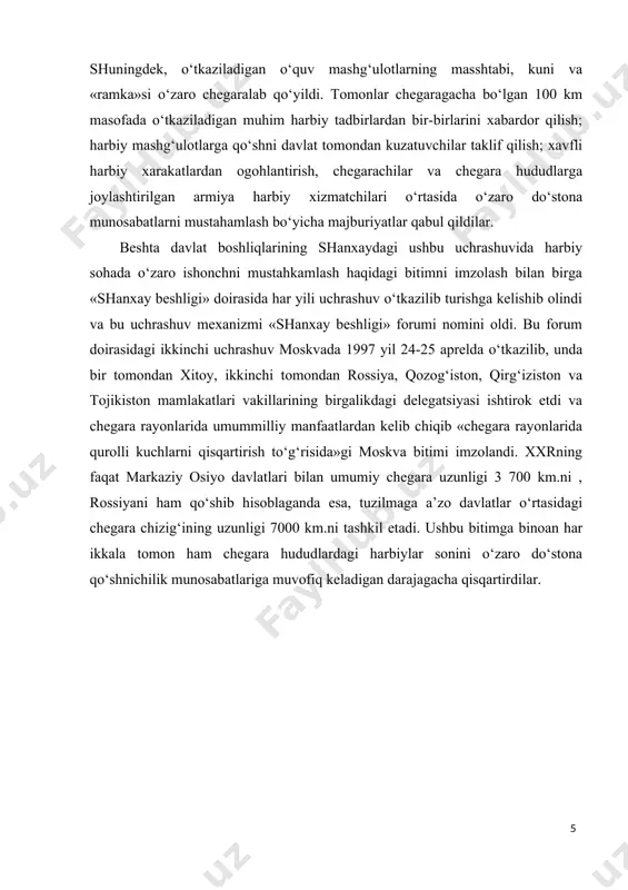 shtirilgan quruqlikdagi, harbiy-havo, chegara qo‘shinlari va havo hujumidan mudofaa qiluvchi harbiy havo kuchlarining shaxsiy tarkibini qisqartirishga kelishildi; · qisqartirish o‘tkazilgandan keyin chegara hududlarida qurollanish va shaxsiy tarkibning sonini joiz bo‘lgan eng maksimal darajasini belgilash; · qurolli kuchlarni qisqartirishning metodlari va muddatini aniqlash; · tomonlar chegarada joylashtirilgan qurolli kuchlari to‘g‘risidagi o‘zaro ma’lumot almashish va bitimning ijro qilinishi yuzasidan nazorat olib borishga kelishildi. “yangi katta o‘yin” kontseptsiyasi va uning geosiyosiy mohiyati 2001 yil 11 sentyabr voqealari global va mintaqaviy xavfsizlik haqida an’anaviy tasavvurlarni tubdan o‘zgartirishga va xalqaro hamjamiyatdan xalqaro munosabatlar paradigmasini qayta ko‘rib chiqishga undaydi. hozirda markaziy osiyo davlatlari islohotlarning o‘tish davrida va effektiv xavfsizlik tizimini tuzish davrida bo‘lib, bu o‘z-o‘zidan mintaqaning bugungi va kelajakdagi holati haqida fikr british uchun imkon beradi. shu bilan birga, markaziy osiyo davlatlari erishgan aniq natijalar mintaqaning kelajagiga optimistik qarash uchun imkon bersa ham, bugungi kunda umumiy xavfsizlik muammolari haqida gapirishga yetarlicha sabablar mavjud. shu bilan birga, …