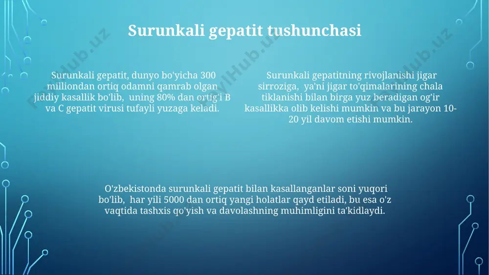 c viruslari bilan bog'liq jigar etishmovchiligi, taxminan 20-30% hollarda o'limga olib kelishi mumkin, ayniqsa toshkent shahridagi bemorlar orasida. surunkali gepatitning alomatlari surunkali gepatitning dastlabki bosqichlarida 20% bemorlarda hech qanday alomatlar kuzatilmaydi, ammo qon tahlillari jigar fermentlarining 3 dan 5 baravar yuqori ekanligini ko'rsatishi mumkin, masalan, o'zbekistonning turli viloyatlarida o'tkazilgan tadqiqotlar shuni ko'rsatdi. ba'zi bemorlarda surunkali gepatit sariqlik (teri va ko'z oqining sarg'ayishi) bilan namoyon bo'lishi mumkin, bu esa jigarning shikastlanish darajasini va 50% hollarda xoletsistit bilan birga kechishini ko'rsatishi mumkin, ayniqsa toshkent shahrida yashovchi aholi orasida. surunkali gepatitning boshqa alomatlari orasida qorinning o'ng tomonida og'riq, charchoq, ishtaha yo'qolishi, ko'ngil aynishi va qusish kiradi, bu alomatlarning 70% dan ortig'i samarqand viloyatida ro'yxatga olingan bemorlarda kuzatilgan. surunkali gepatit va jigar sirrozining oldini olish alkogol iste’molini cheklash, kuniga 20 grammdan oshmasligi tavsiya etiladi, jigar sirrozining rivojlanish xavfini minimallashtirishga yordam beradi, ayniqsa osiyo mamlakatlari uchun muhim. surunkali gepatit b va s viruslariga qarshi emlash, …