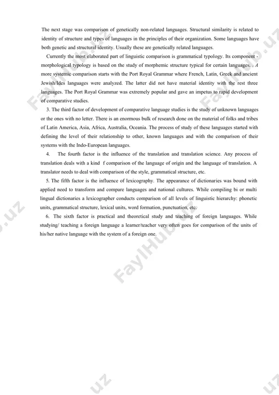 f. mis-telli, f.fink, e. sapir, bodwen de courtene, e.polivanov, i. meschaninov. since xvii c. the comparative study of turkic languages was in the focus of the works of f. tabbert-stralenberg, o. beotlikk, v. radlov, m. ryasyanen, g. ramst-edt, n. dmitriev and others. the 4th period is related to establishing of linguistic typology as a separate science with the bulk of general linguistics. it coincides with the xx century. in the former soviet union the most developed and popular field of compara​tive study was comparison of russian and national languages. the major material for comparison served numerous translations of russian classics into national lan​guages. lexicography has also got considerable development. at that time the first na​tional grammars were compiled basing on the grammar of the russian language, e.g. the first uzbek grammar by evgeniy polivanov" used the system of russian gram​mar for description: system of parts of speech, cases, numbers, etc. …